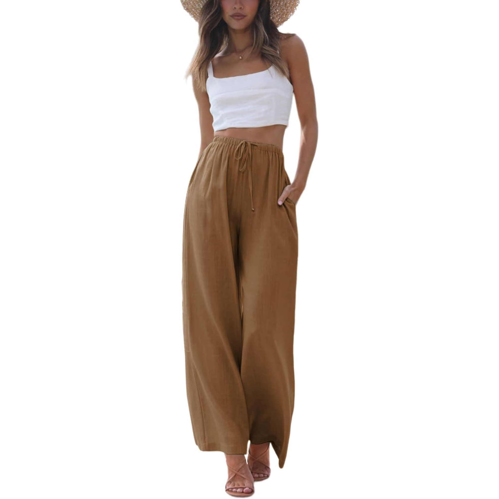 Cotton Linen Wide Leg Palazzo Pants with Pockets
