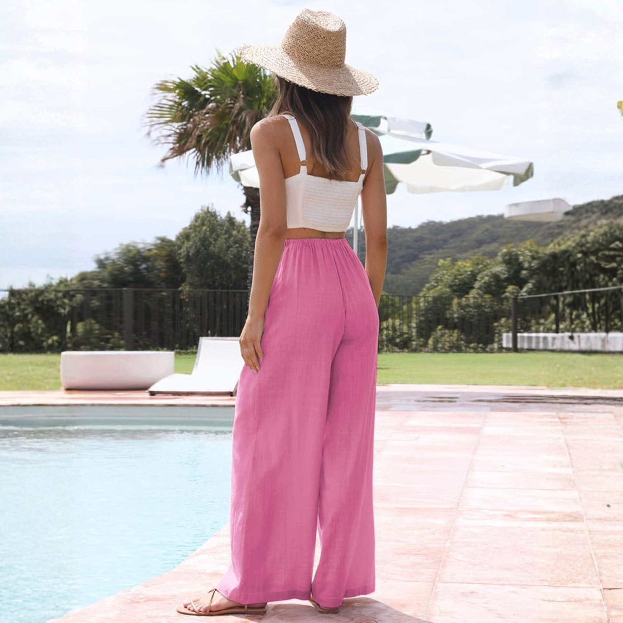 Cotton Linen Wide Leg Palazzo Pants with Pockets
