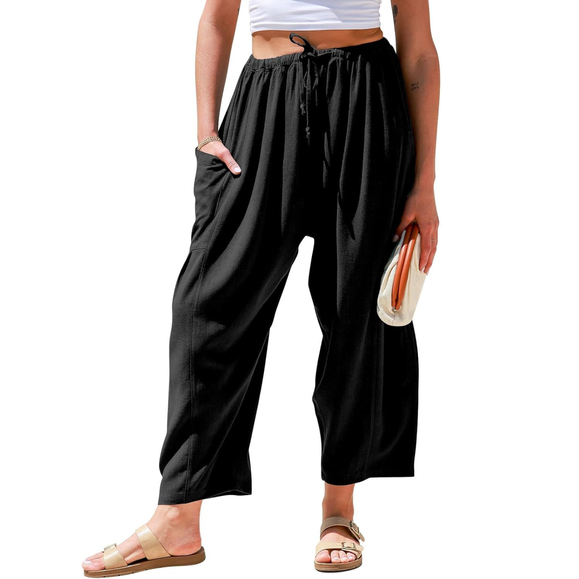 Linen Wide Leg Drawstring Palazzo Harem Pants Women