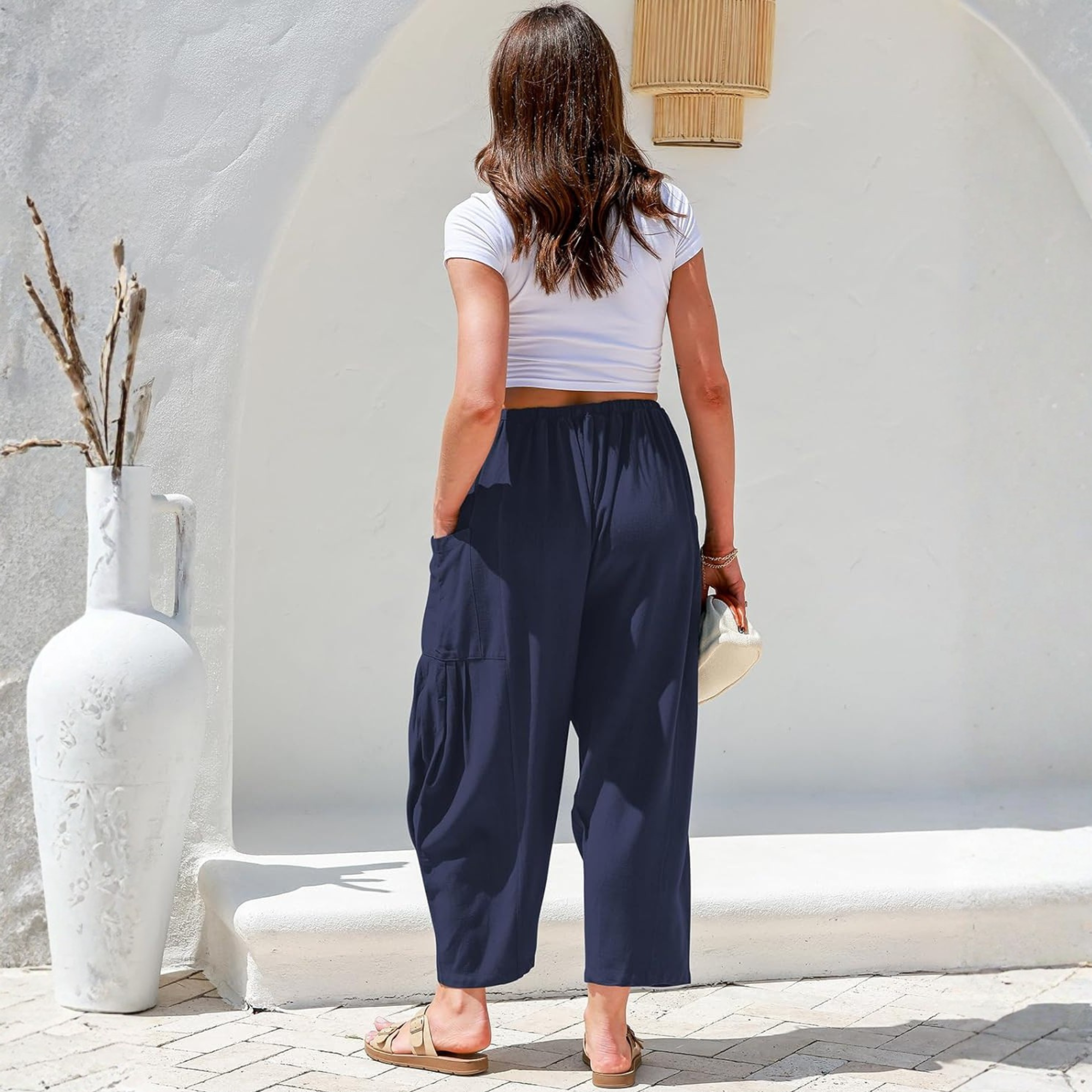 Linen Wide Leg Drawstring Palazzo Harem Pants Women