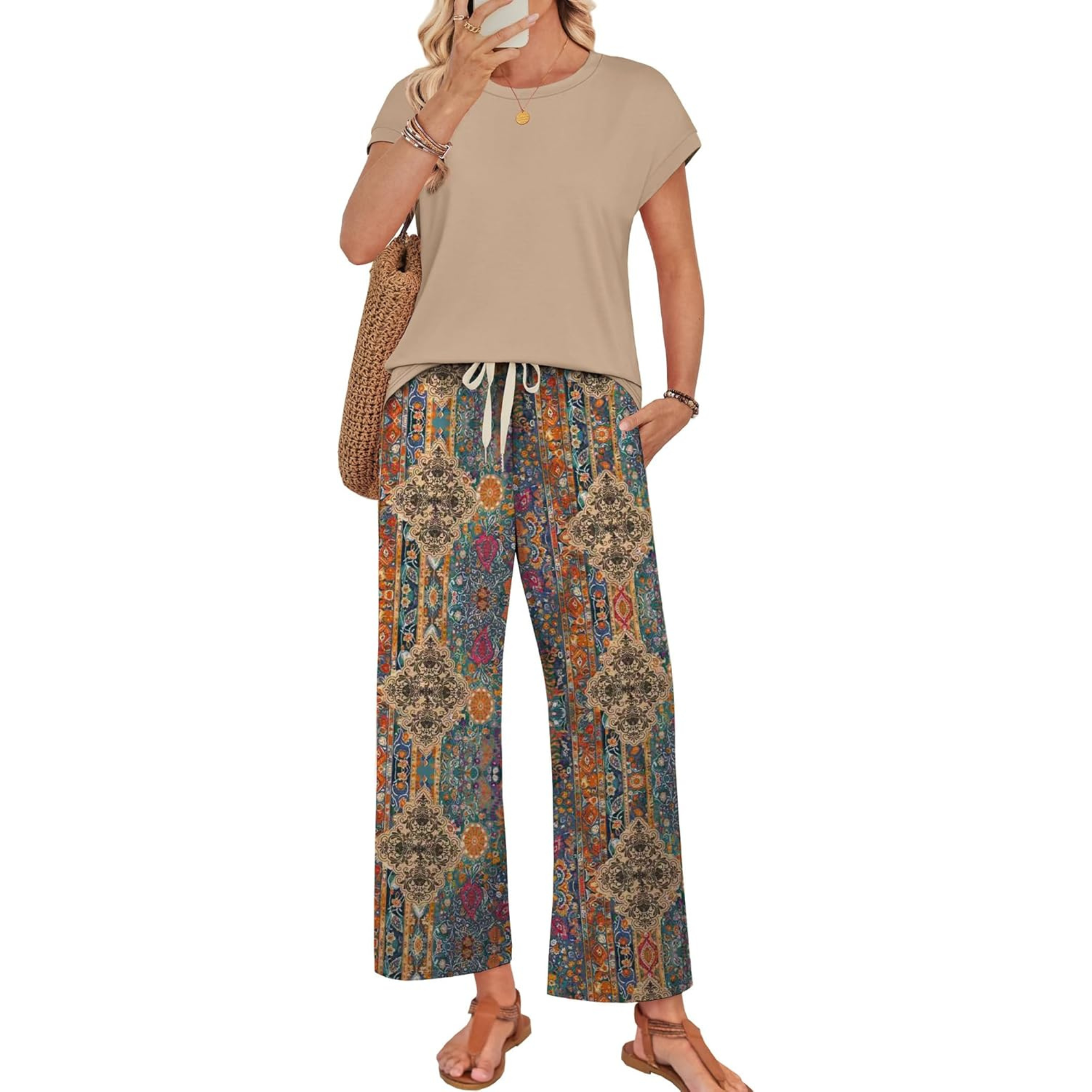 Women Two Piece Lounge Set with Wide Leg Pants