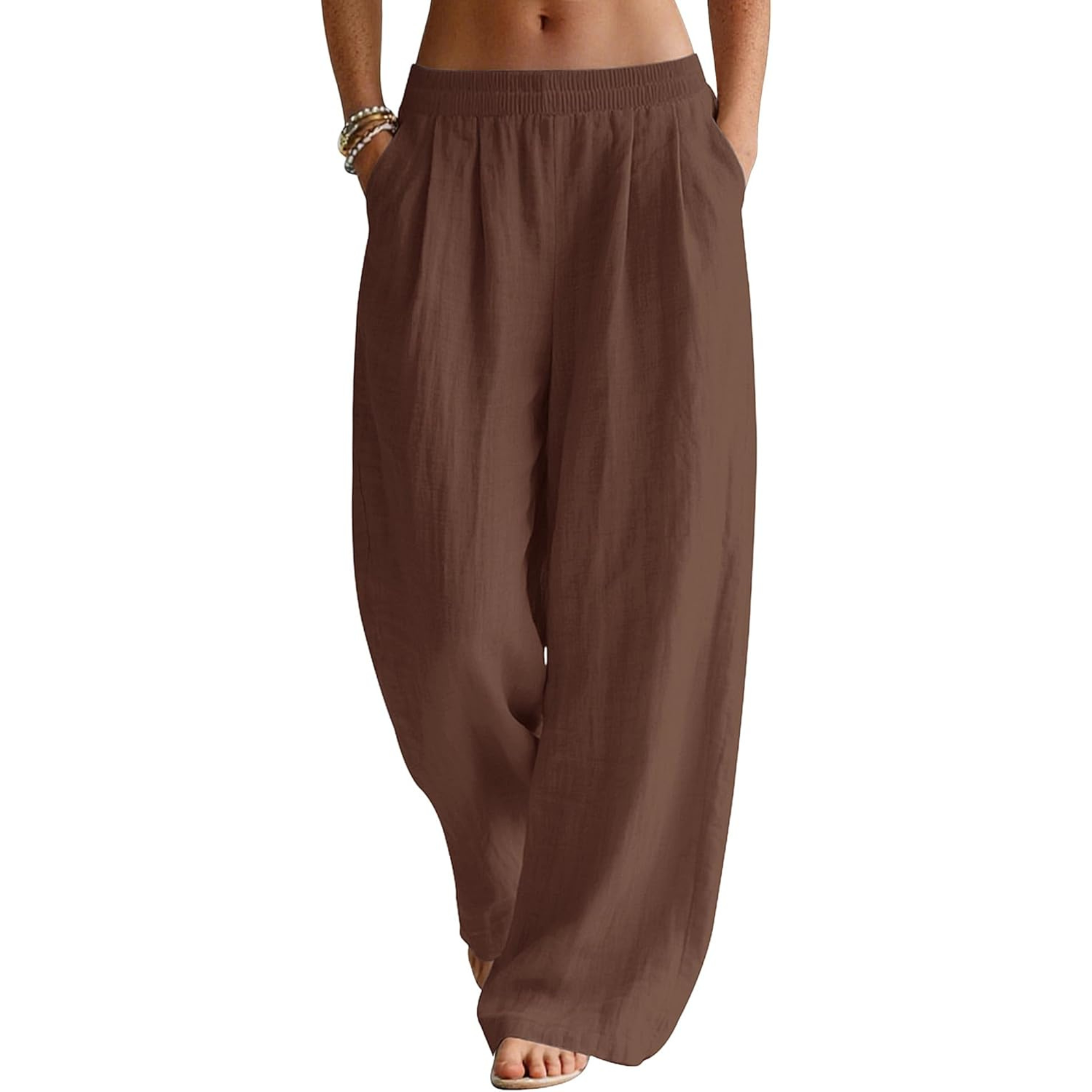 Linen Wide Leg Palazzo Pants with Elastic Waist Pockets