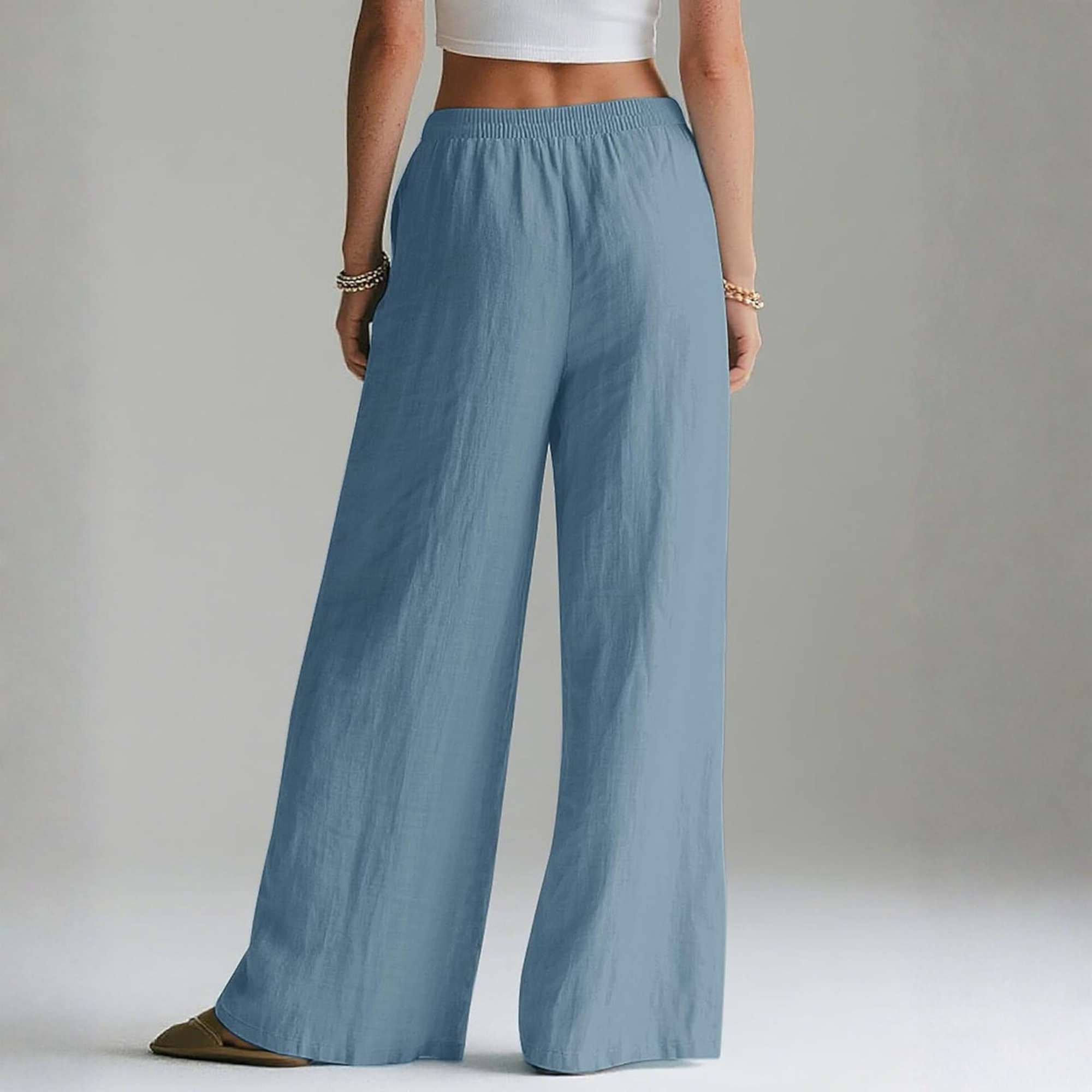 Linen Wide Leg Palazzo Pants with Elastic Waist Pockets