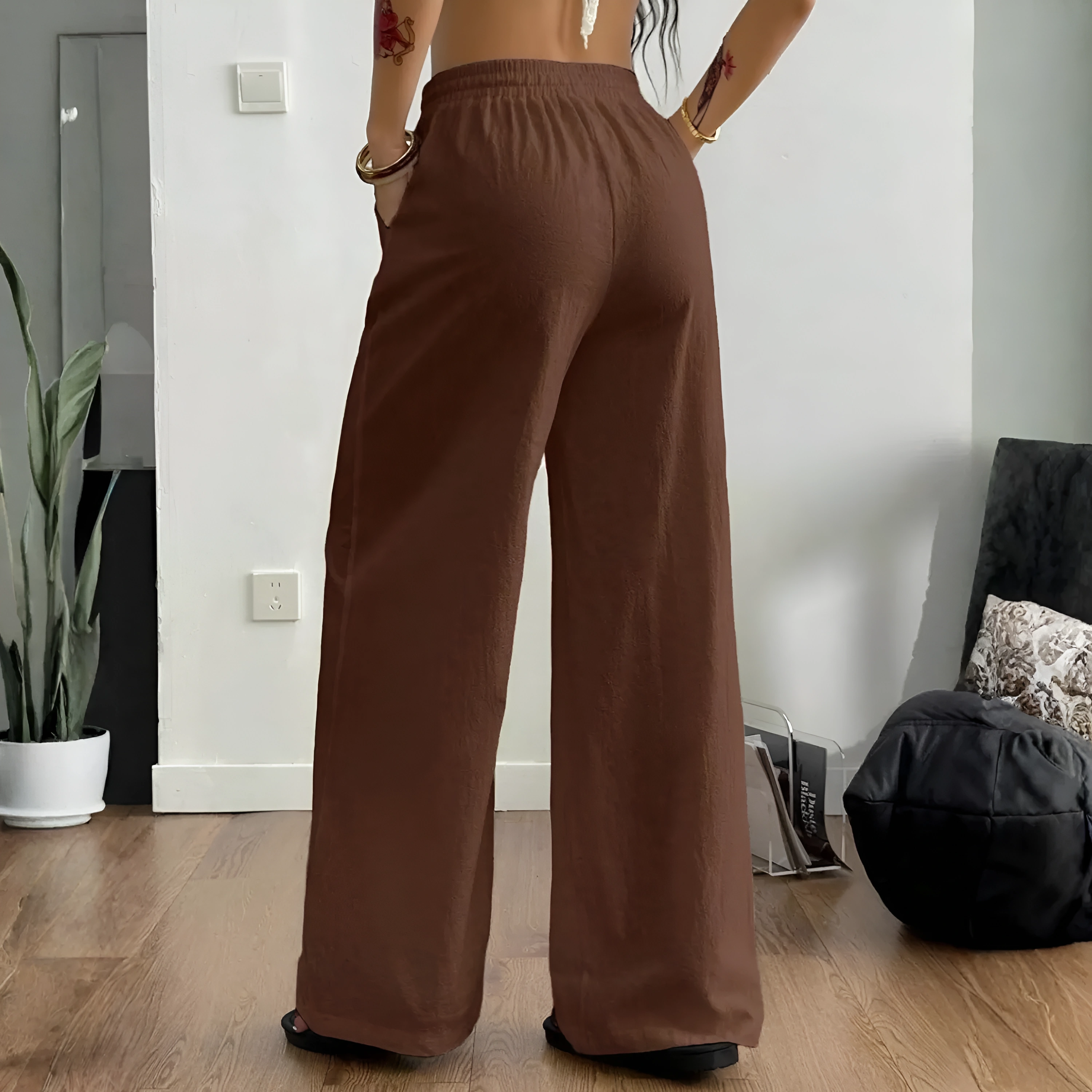 Boho Linen Wide Palazzo Drawstring Pants for Women