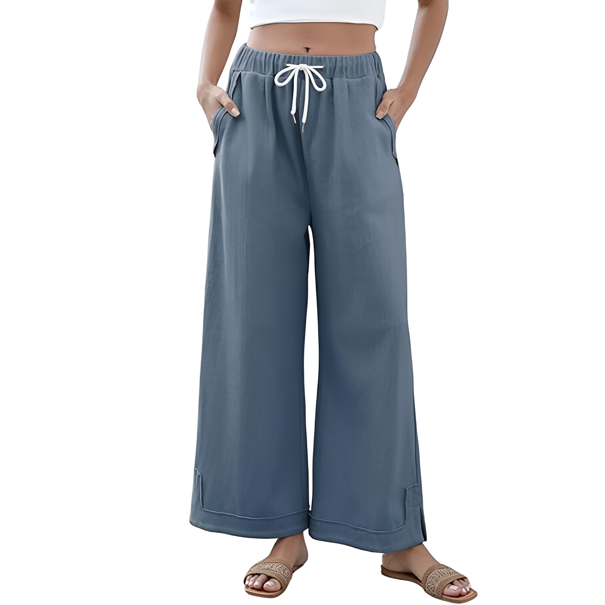 [Copy]High Waist Cropped Wide PantsLoose Fit Drawstring Wide Trousers - Image 5