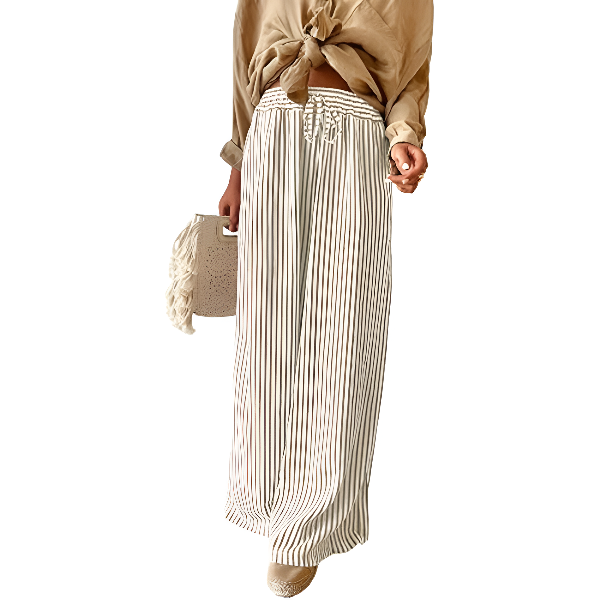 Women Casual Drawstring Elastic Waist Striped Wide Leg Pants with Pockets