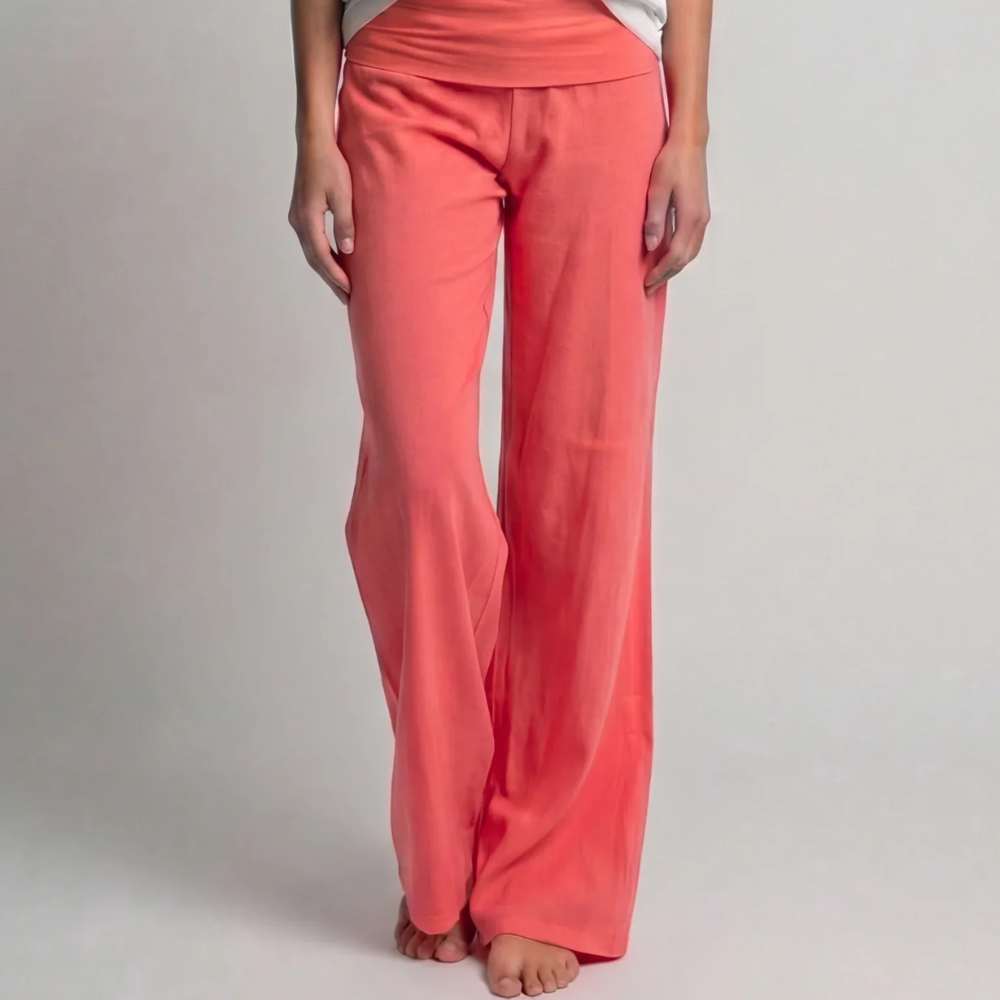 Coral Ribbed Low Rise Flare Trousers For Women