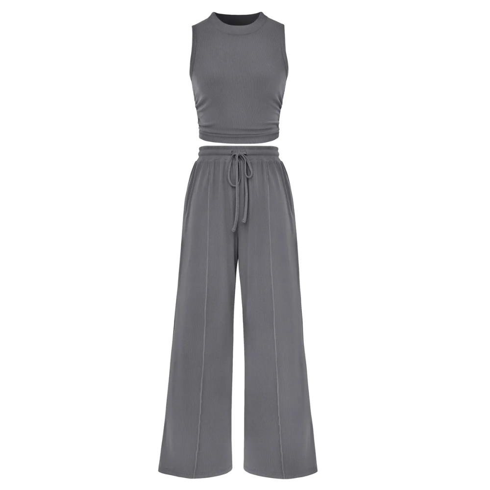 2 Piece Outfits Set With Sleeveless Crop Top And Wide Pants For Women