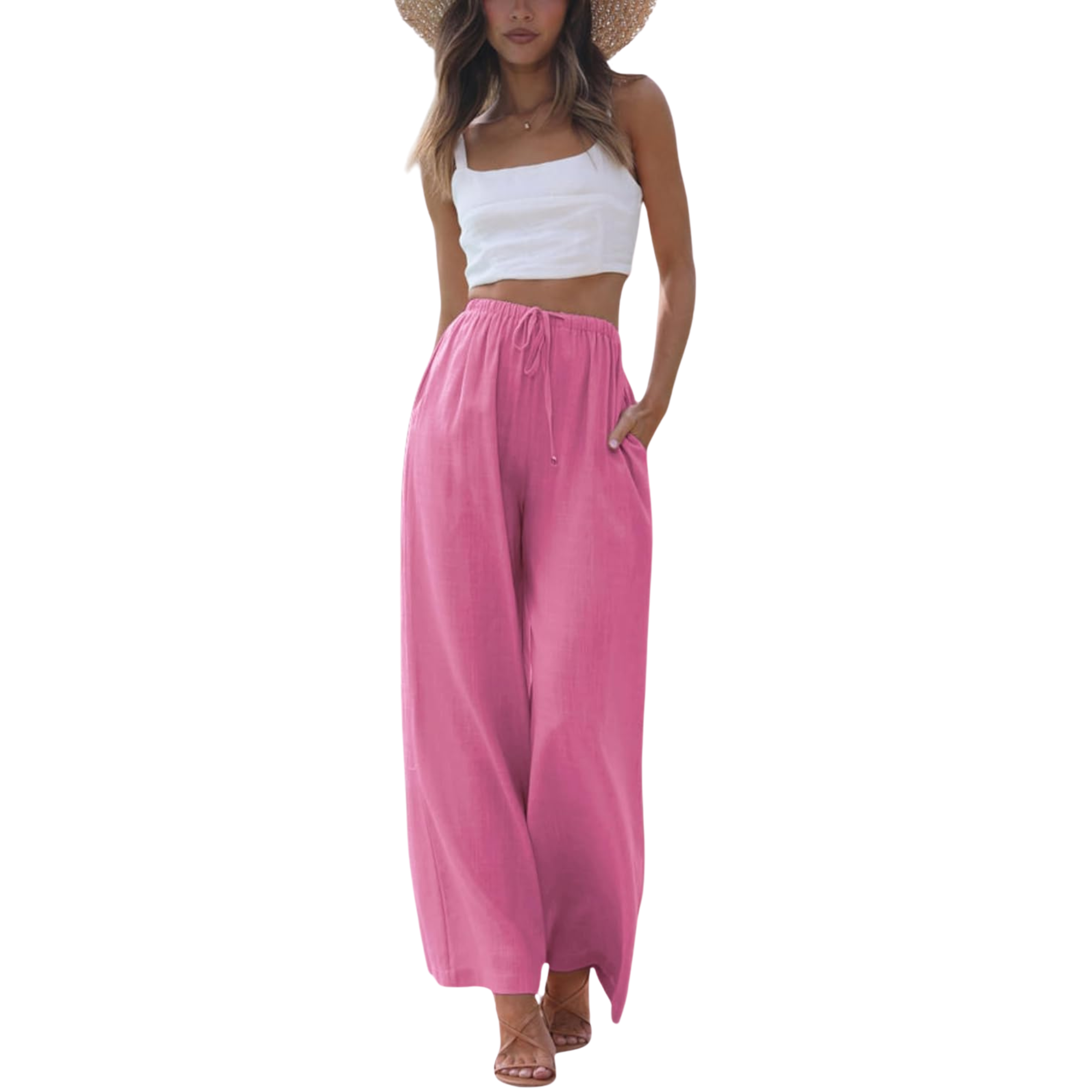 Cotton Linen Wide Leg Palazzo Pants with Pockets
