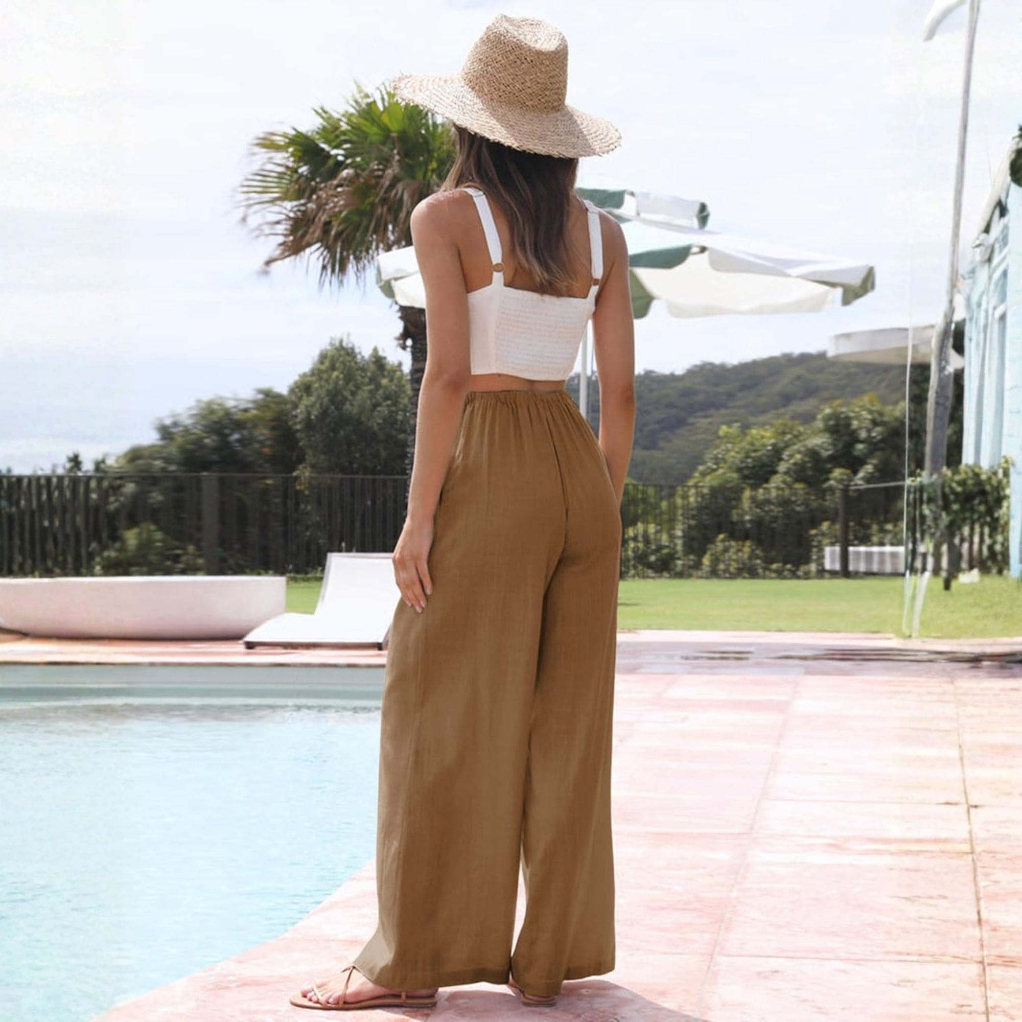 Cotton Linen Wide Leg Palazzo Pants with Pockets