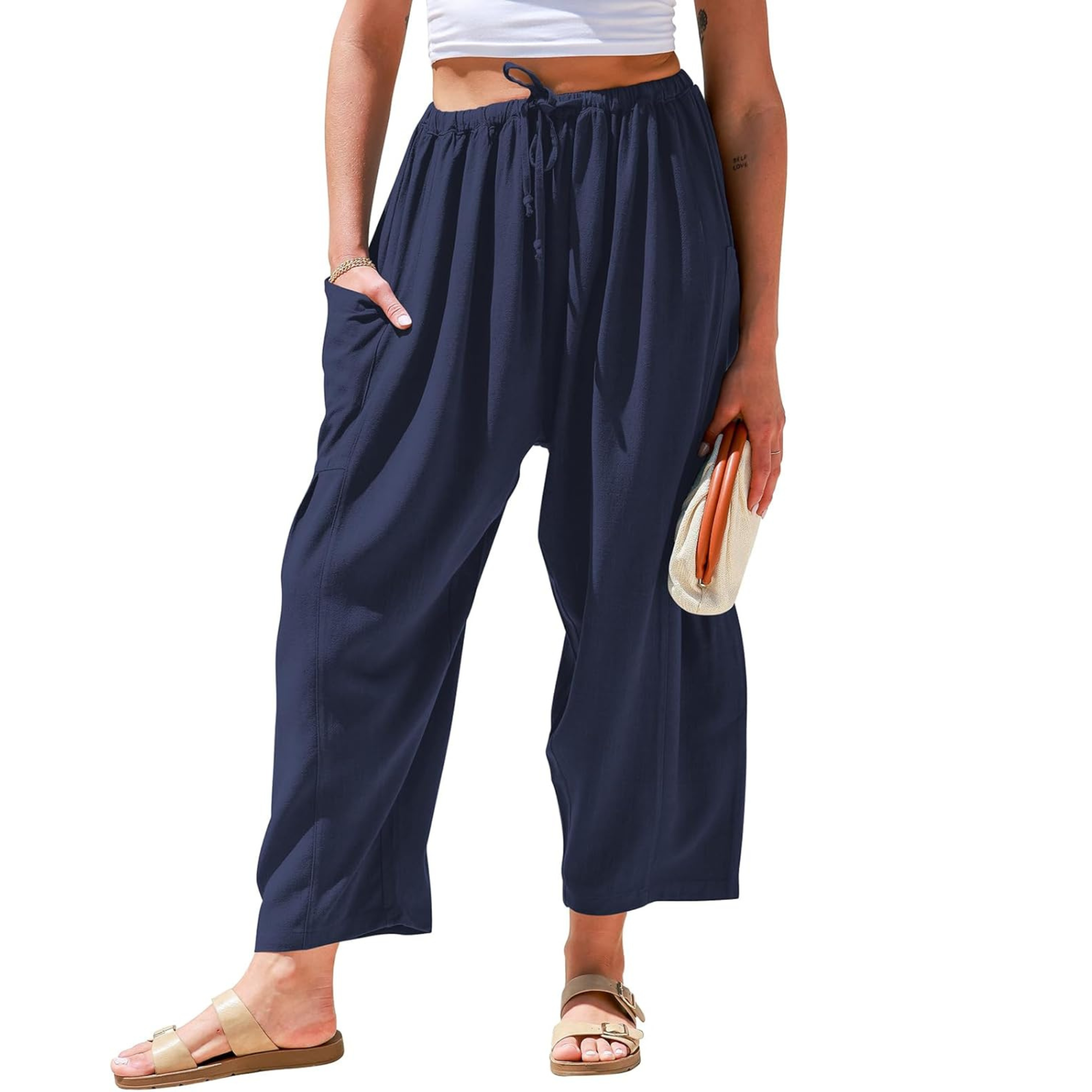 Linen Wide Leg Drawstring Palazzo Harem Pants Women