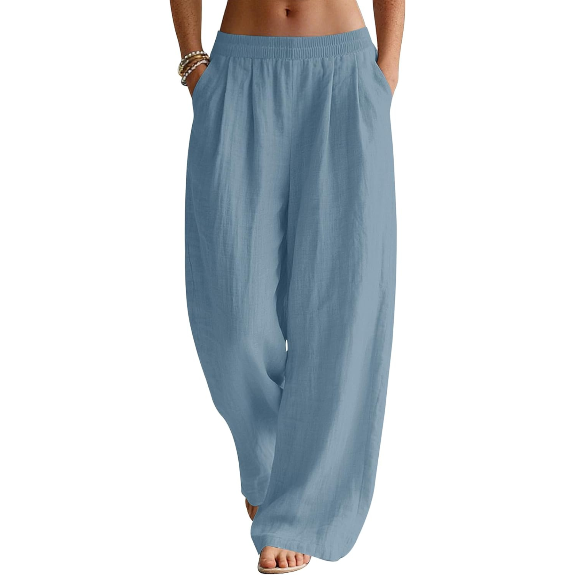 Linen Wide Leg Palazzo Pants with Elastic Waist Pockets