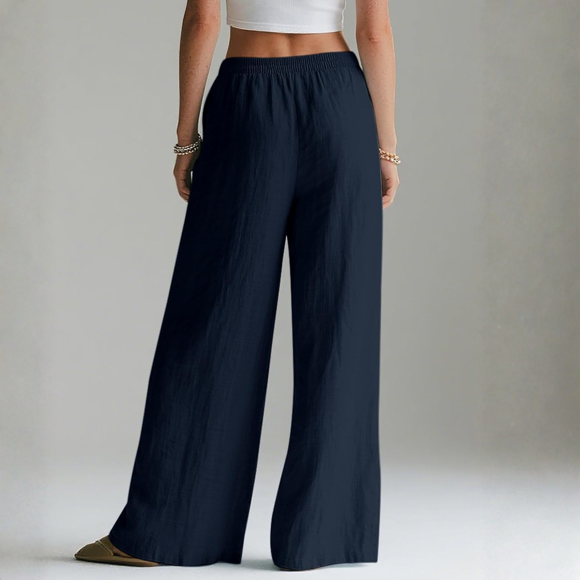 Linen Wide Leg Palazzo Pants with Elastic Waist Pockets