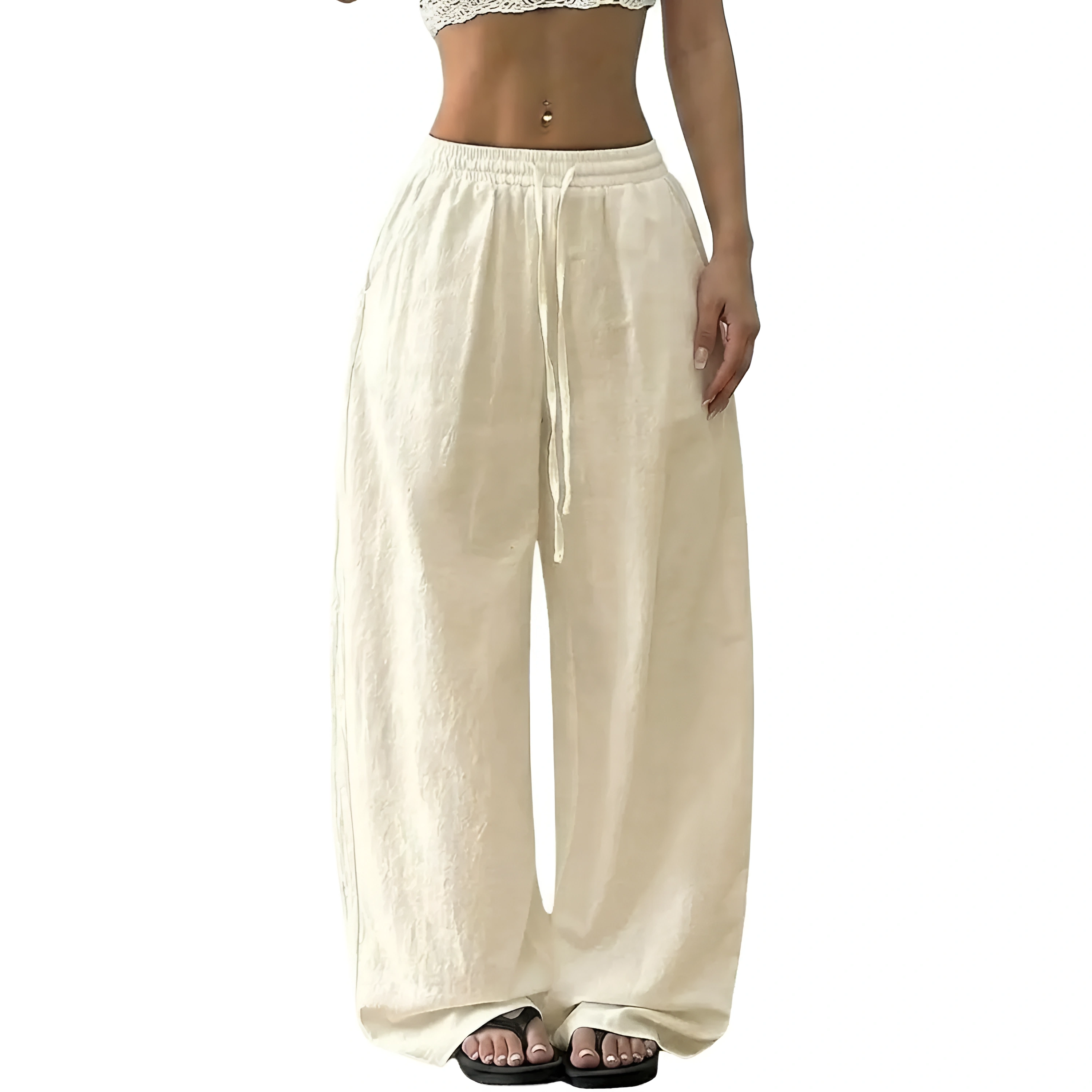 Boho Linen Wide Palazzo Drawstring Pants for Women