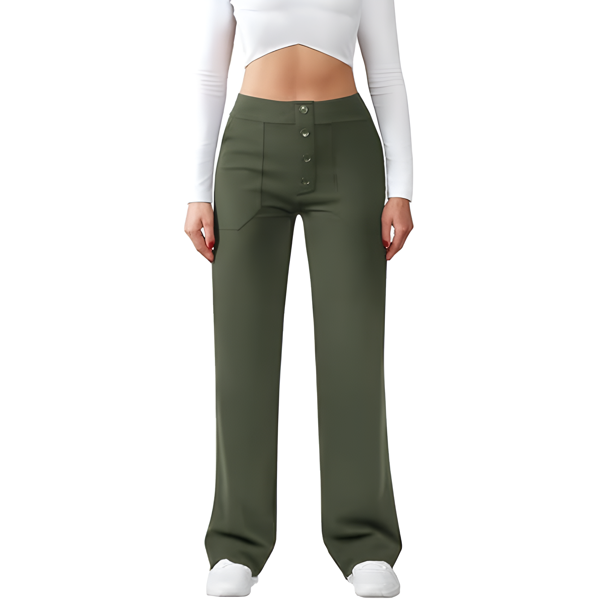 High Rise Straight Pants With Button Detail And Pocket For Women
