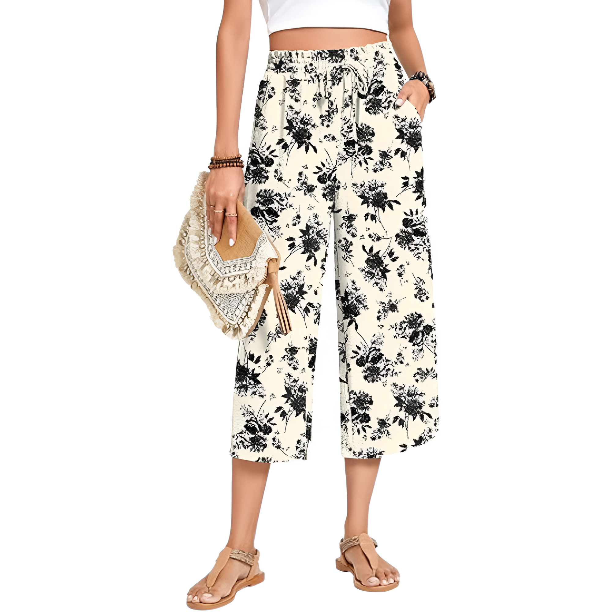 Wide Fit Casual Capri Pants With Pockets For Women