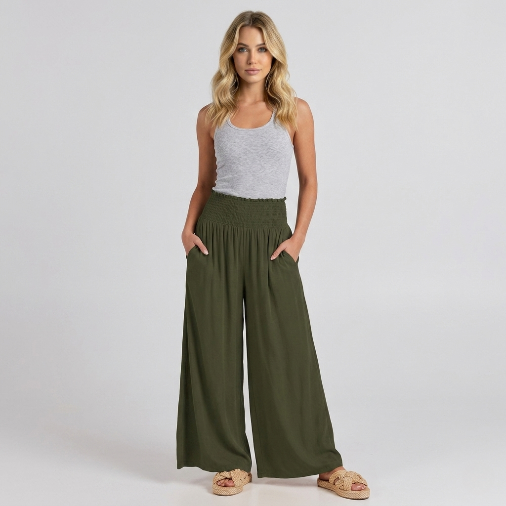 Summer Wear Boho Baggy Wide High Smocked Pants For Women