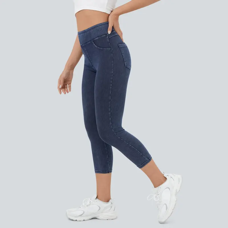 High Rise Stretchy Knit Denim Capri Leggings For Women