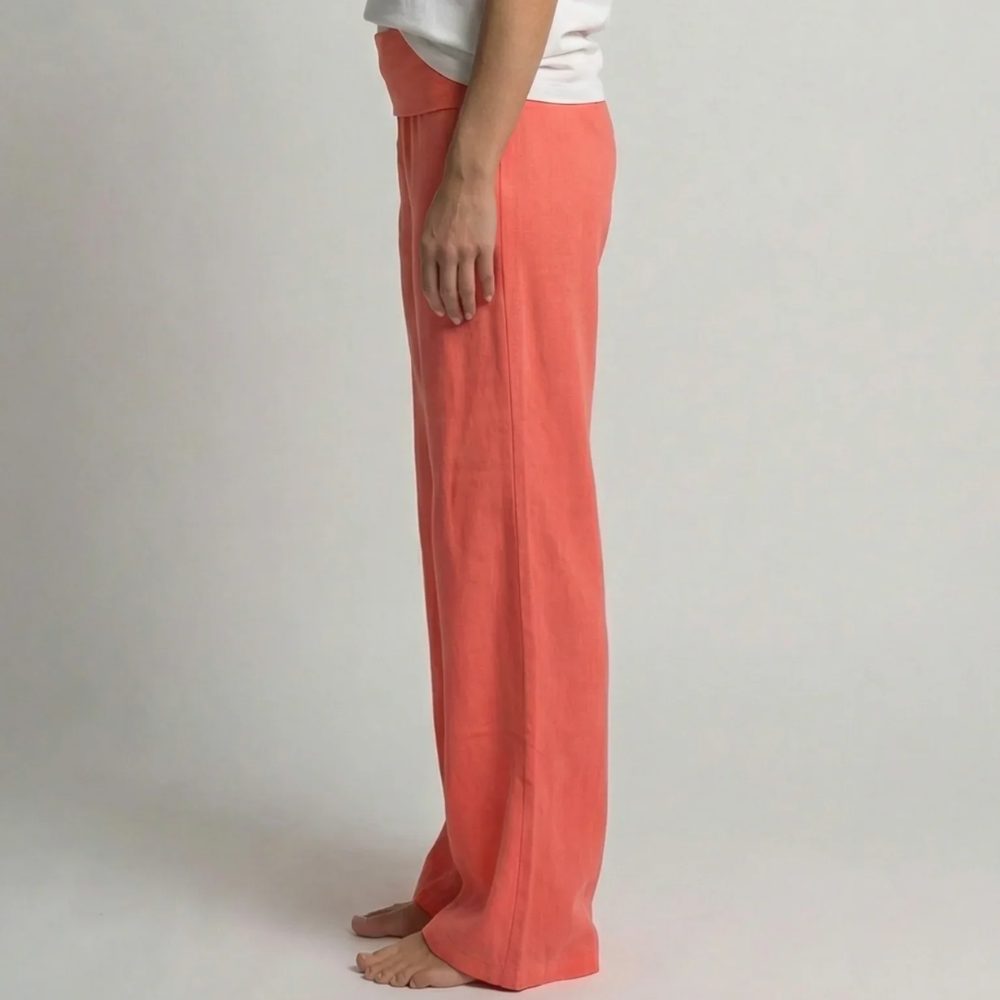 Coral Ribbed Low Rise Flare Trousers For Women