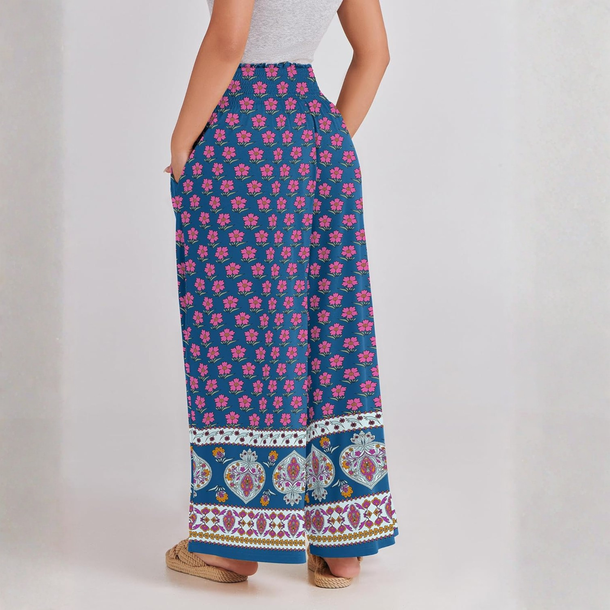 Boho Wide Leg Palazzo Lounge Pants with Pockets