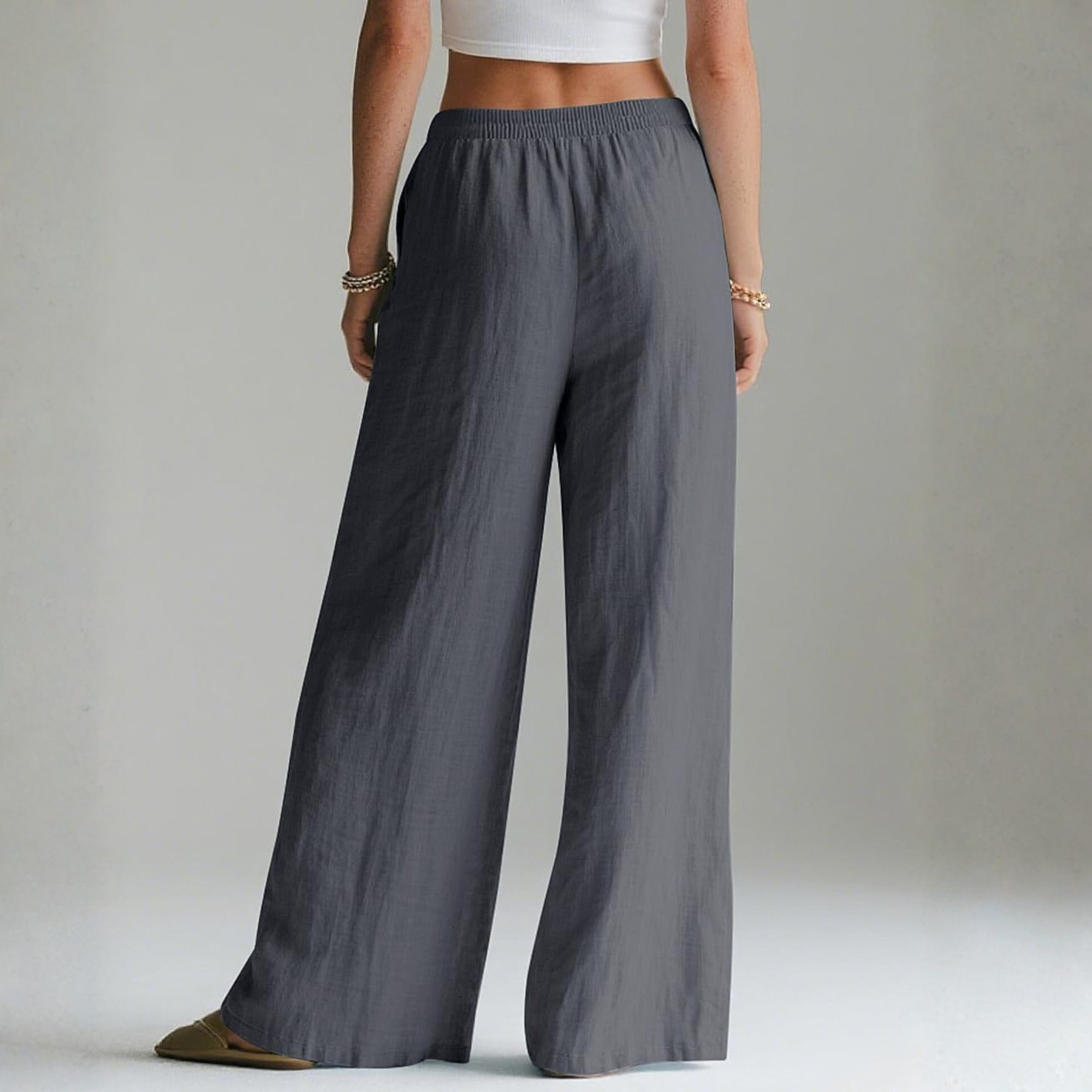 Linen Wide Leg Palazzo Pants with Elastic Waist Pockets