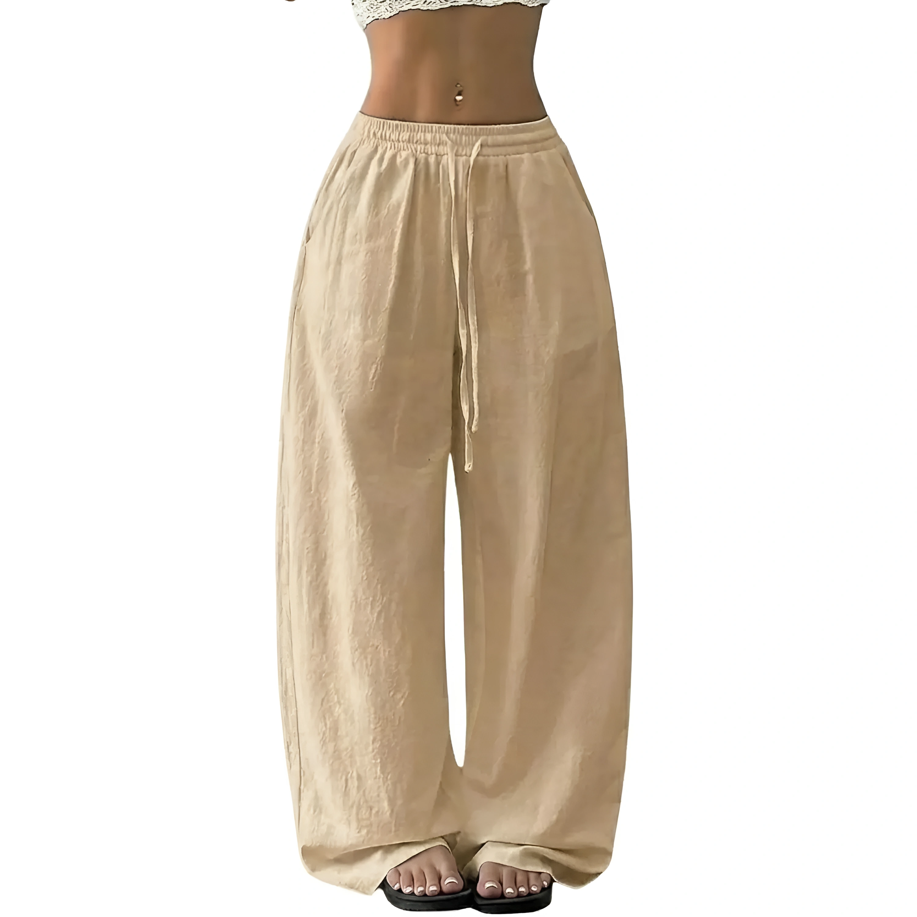 Boho Linen Wide Palazzo Drawstring Pants for Women