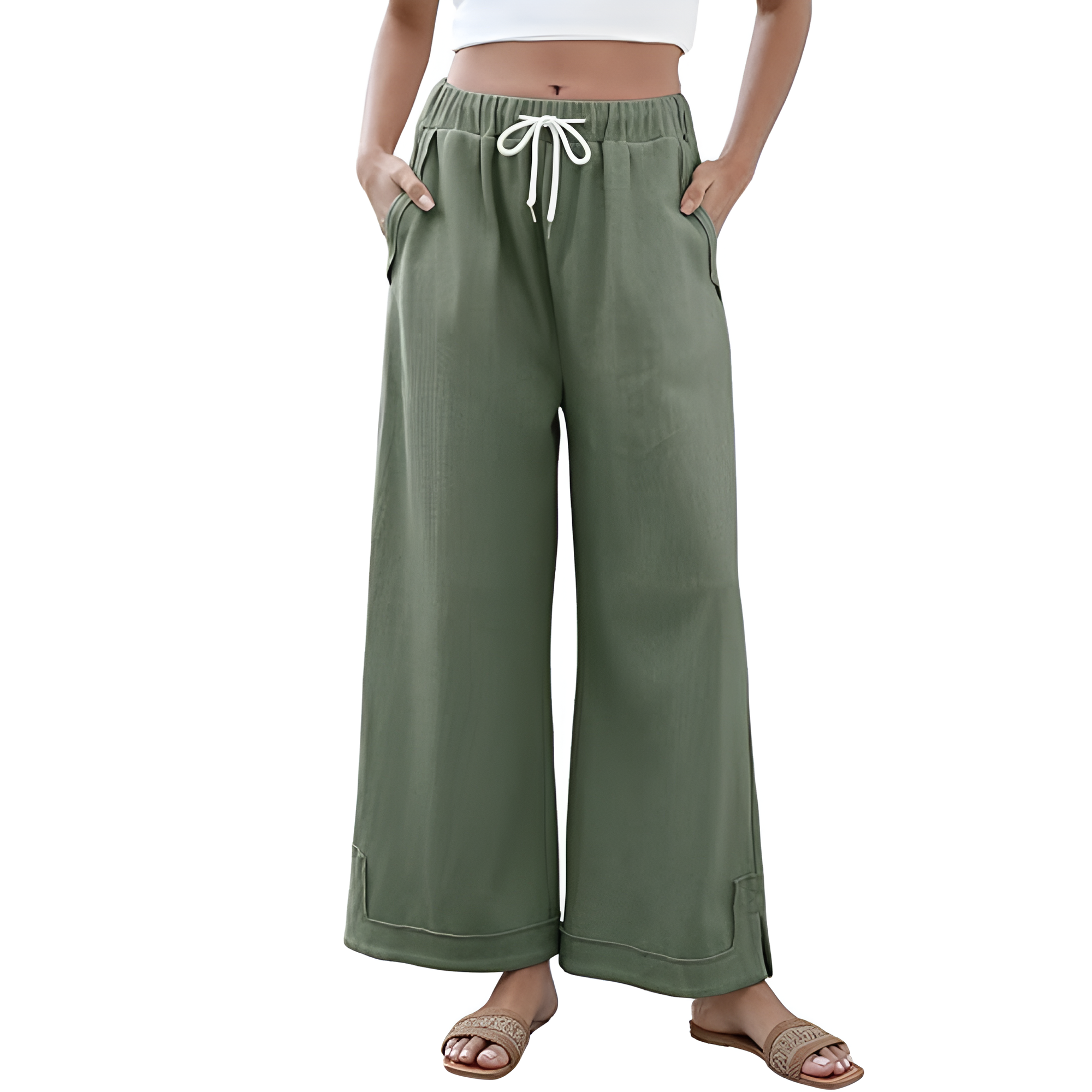 [Copy]High Waist Cropped Wide PantsLoose Fit Drawstring Wide Trousers - Image 13