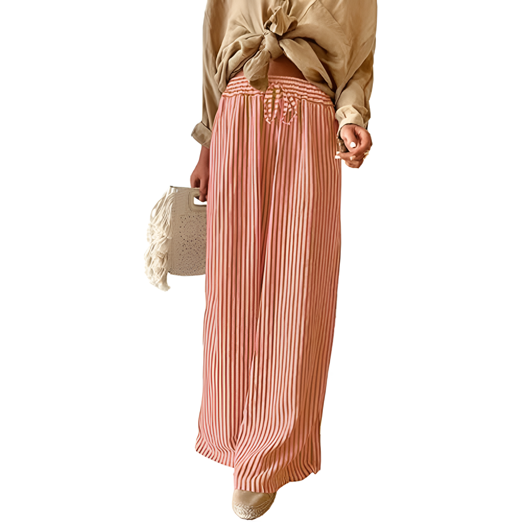 Women Casual Drawstring Elastic Waist Striped Wide Leg Pants with Pockets