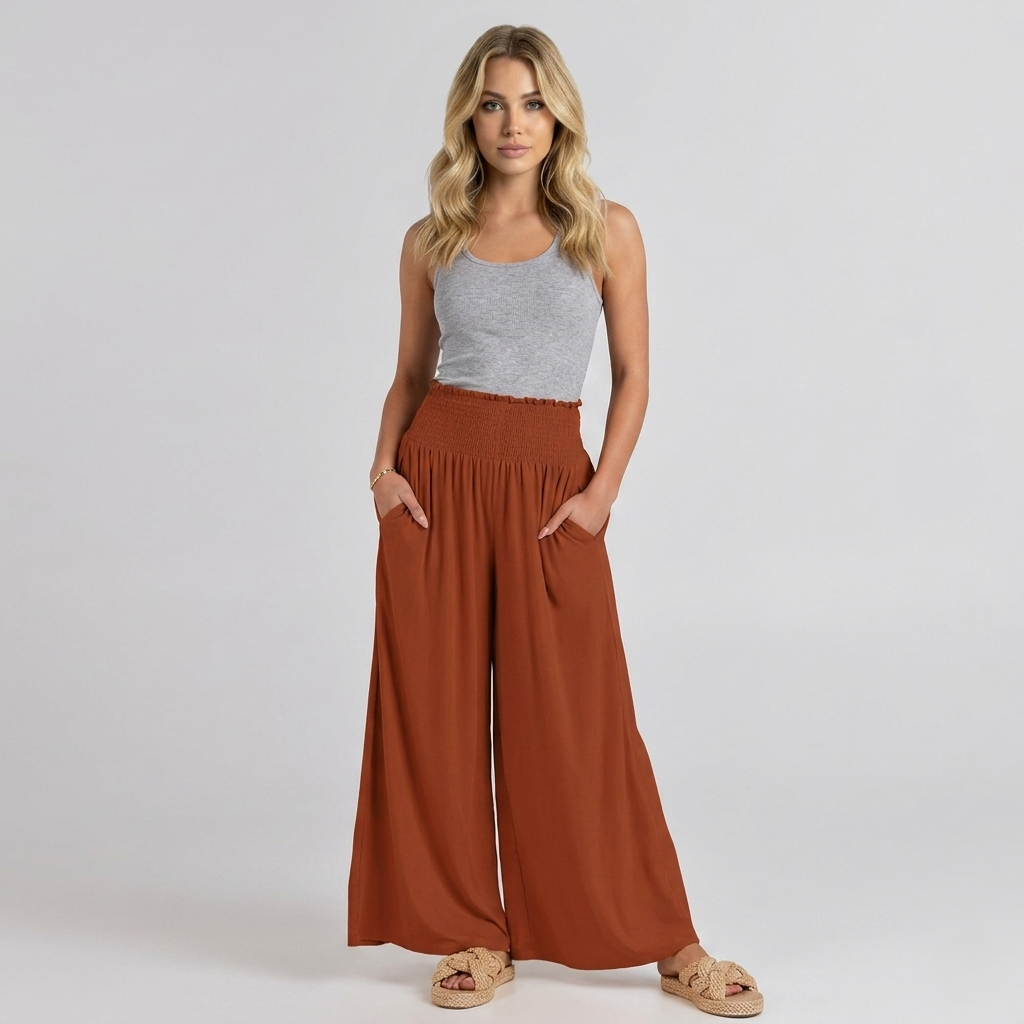 Summer Wear Boho Baggy Wide High Smocked Pants For Women