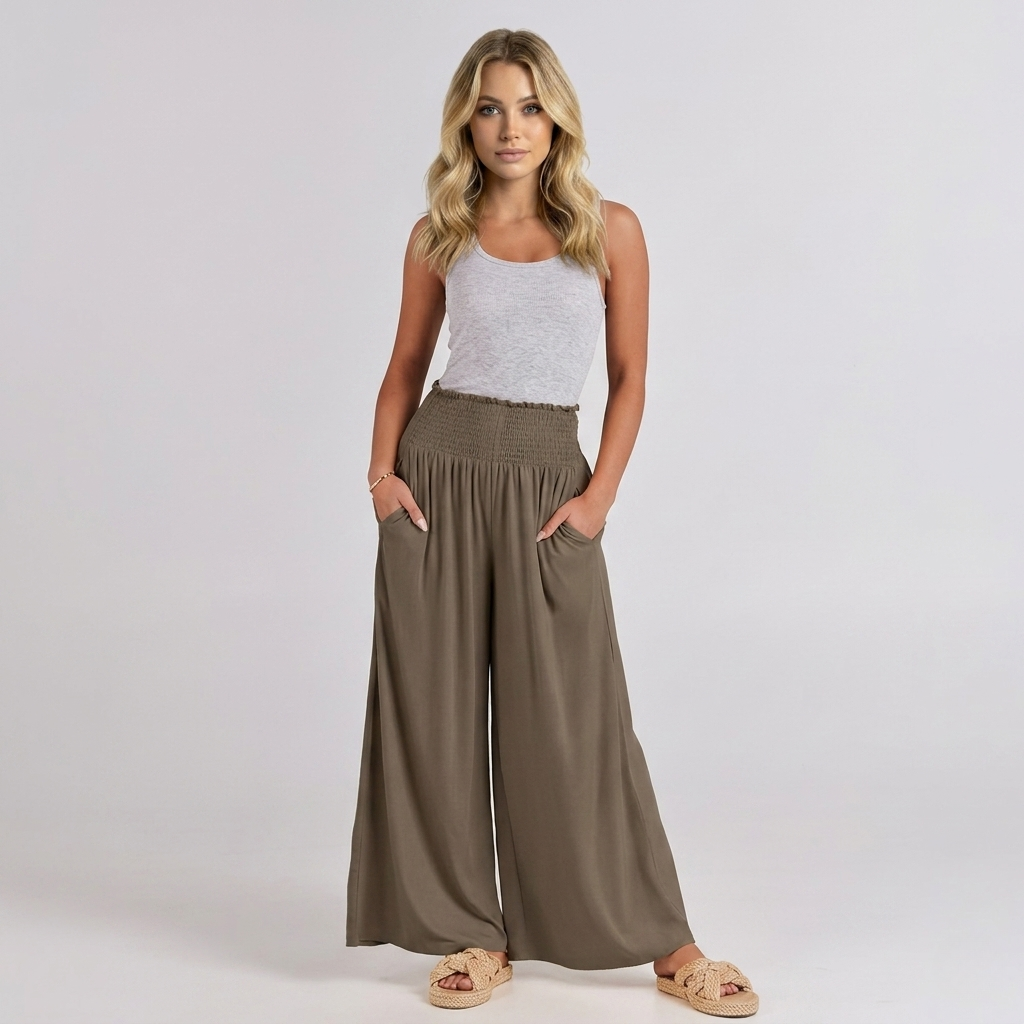 Summer Wear Boho Baggy Wide High Smocked Pants For Women