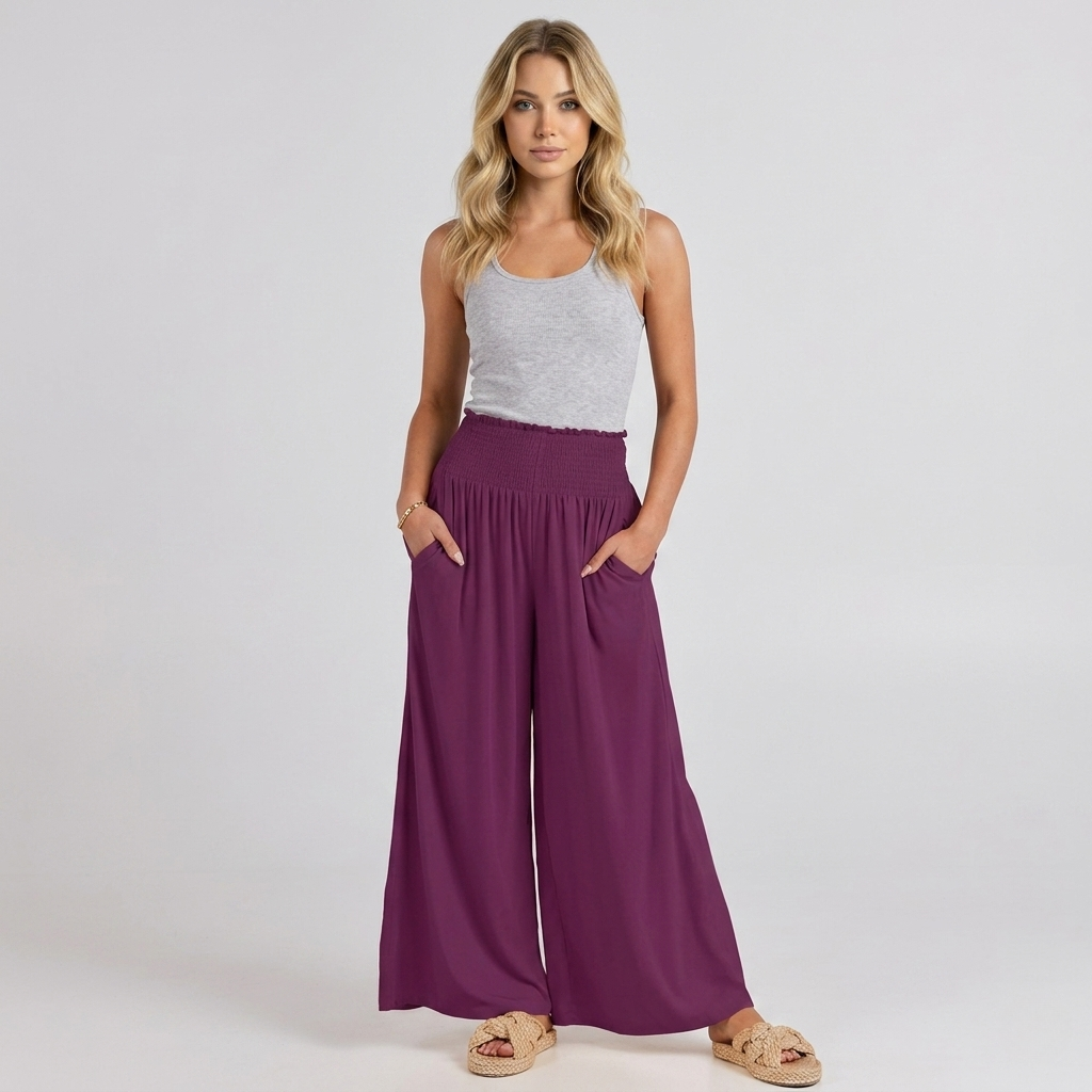 Summer Wear Boho Baggy Wide High Smocked Pants For Women