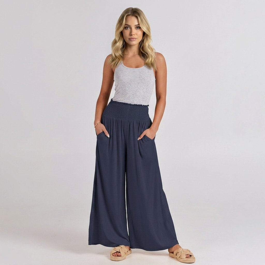 Summer Wear Boho Baggy Wide High Smocked Pants For Women