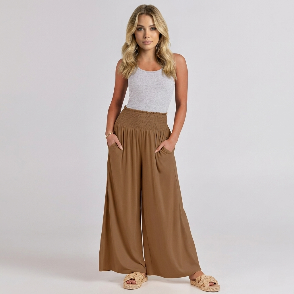 Summer Wear Boho Baggy Wide High Smocked Pants For Women