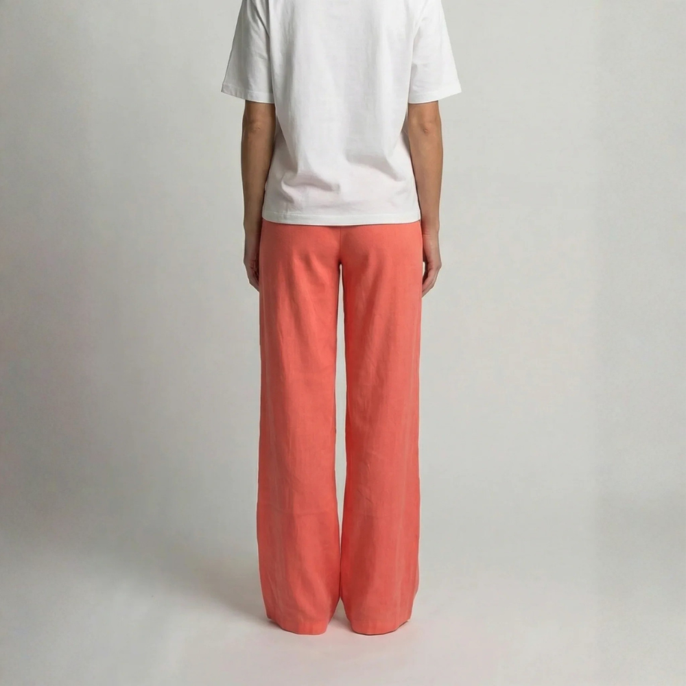 Coral Ribbed Low Rise Flare Trousers For Women