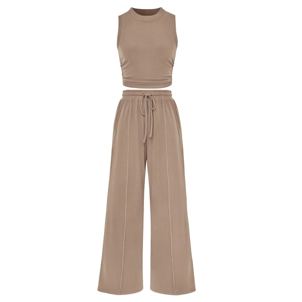 2 Piece Outfits Set With Sleeveless Crop Top And Wide Pants For Women