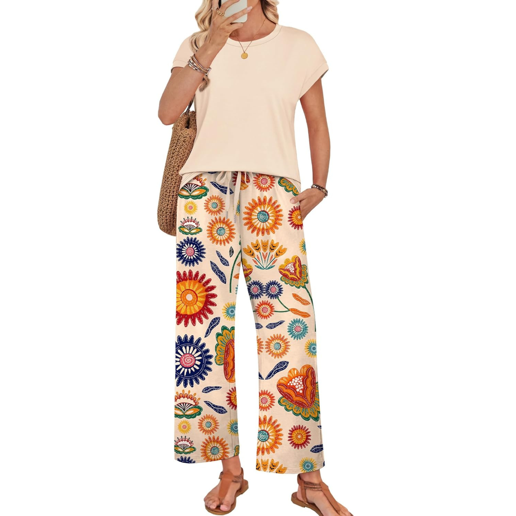 Women Two Piece Lounge Set with Wide Leg Pants