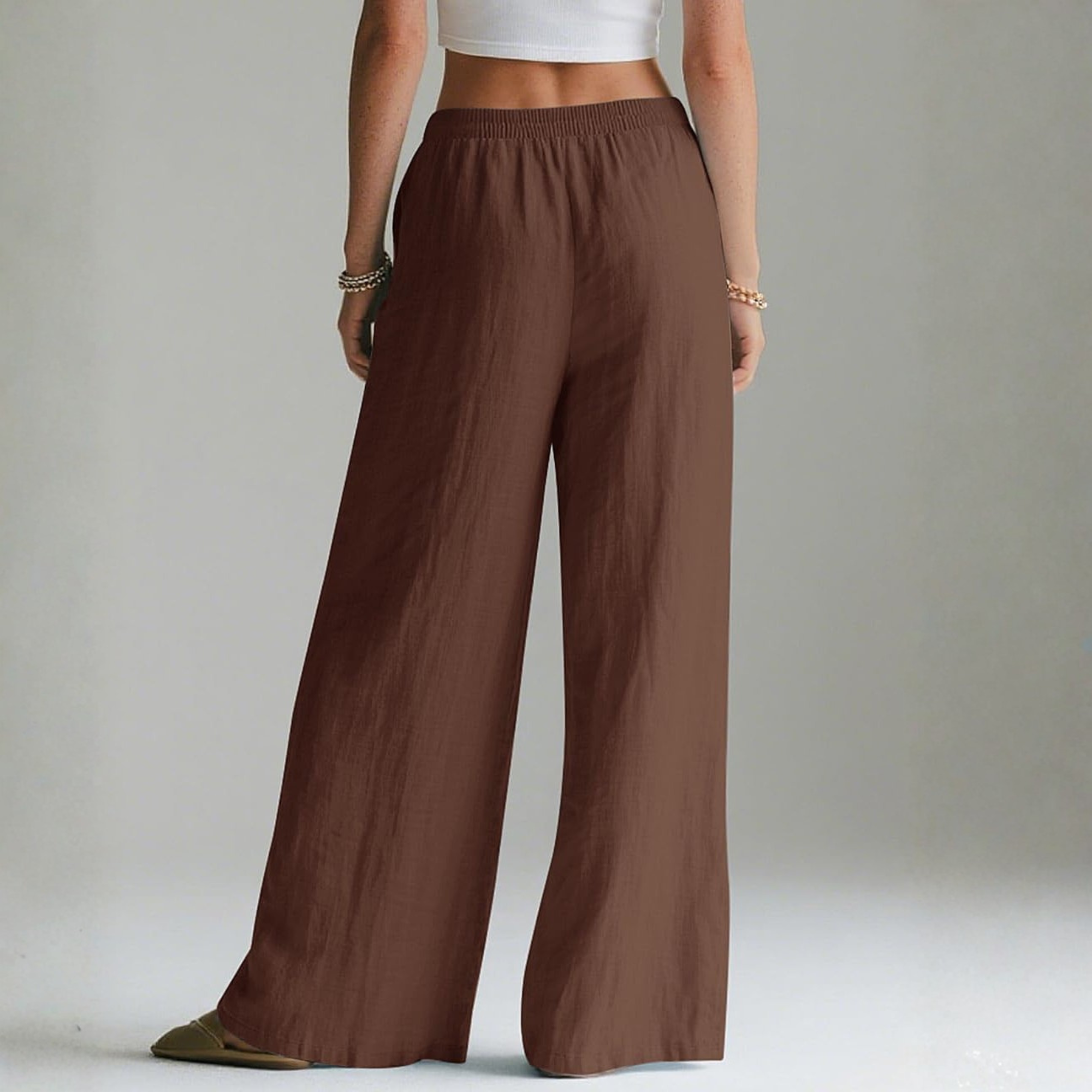 Linen Wide Leg Palazzo Pants with Elastic Waist Pockets