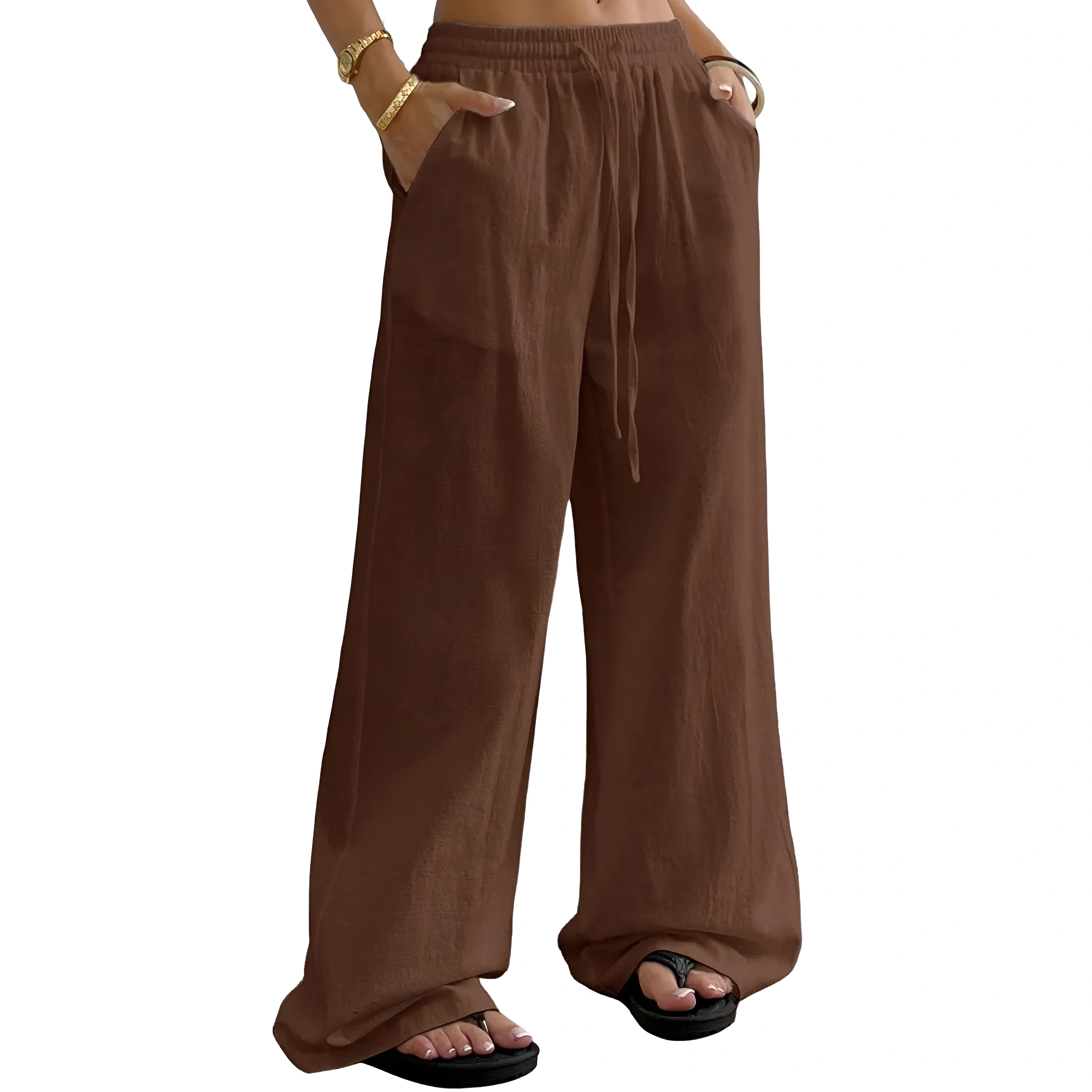 Boho Linen Wide Palazzo Drawstring Pants for Women