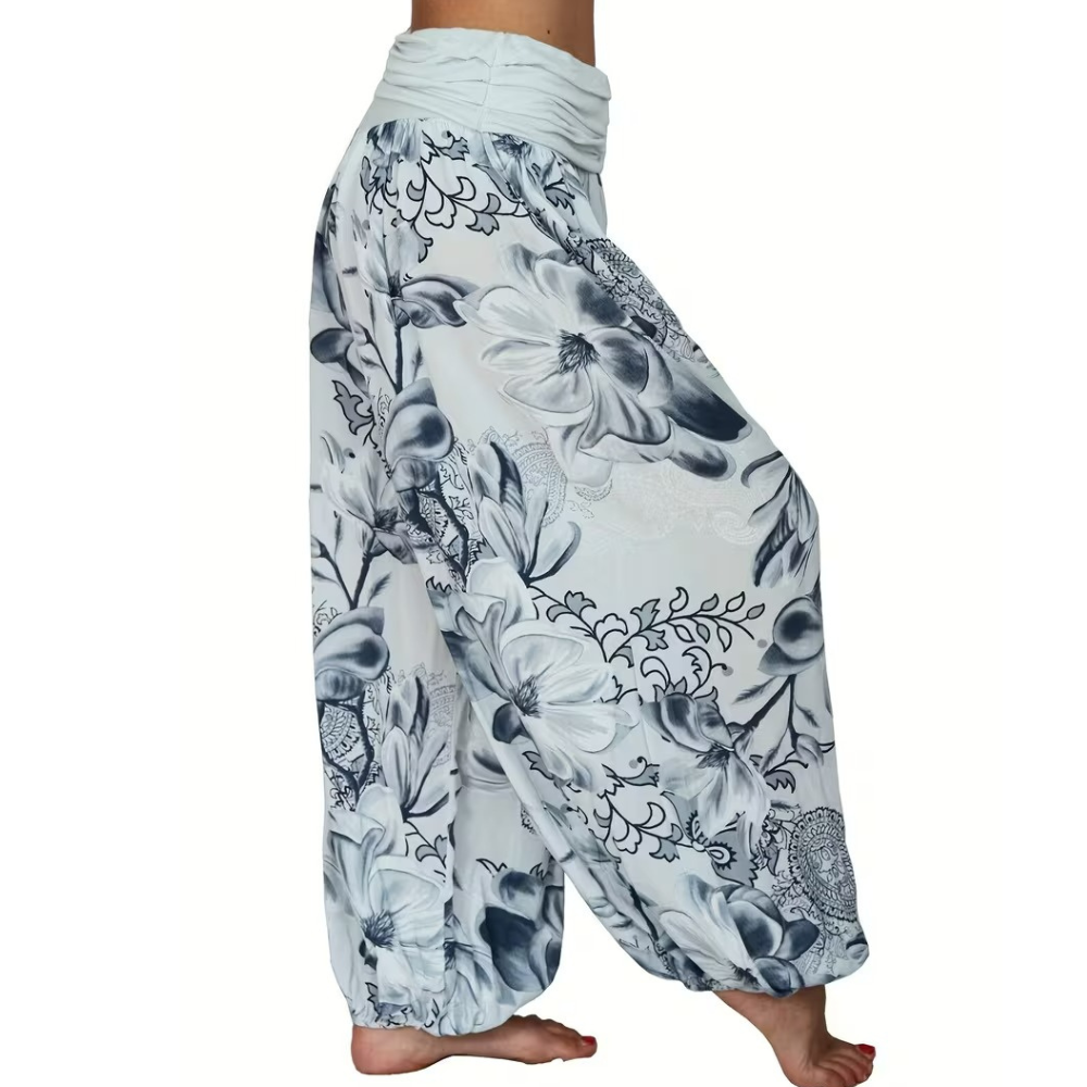 Boho Floral Print Ruched Harem Pants For Women