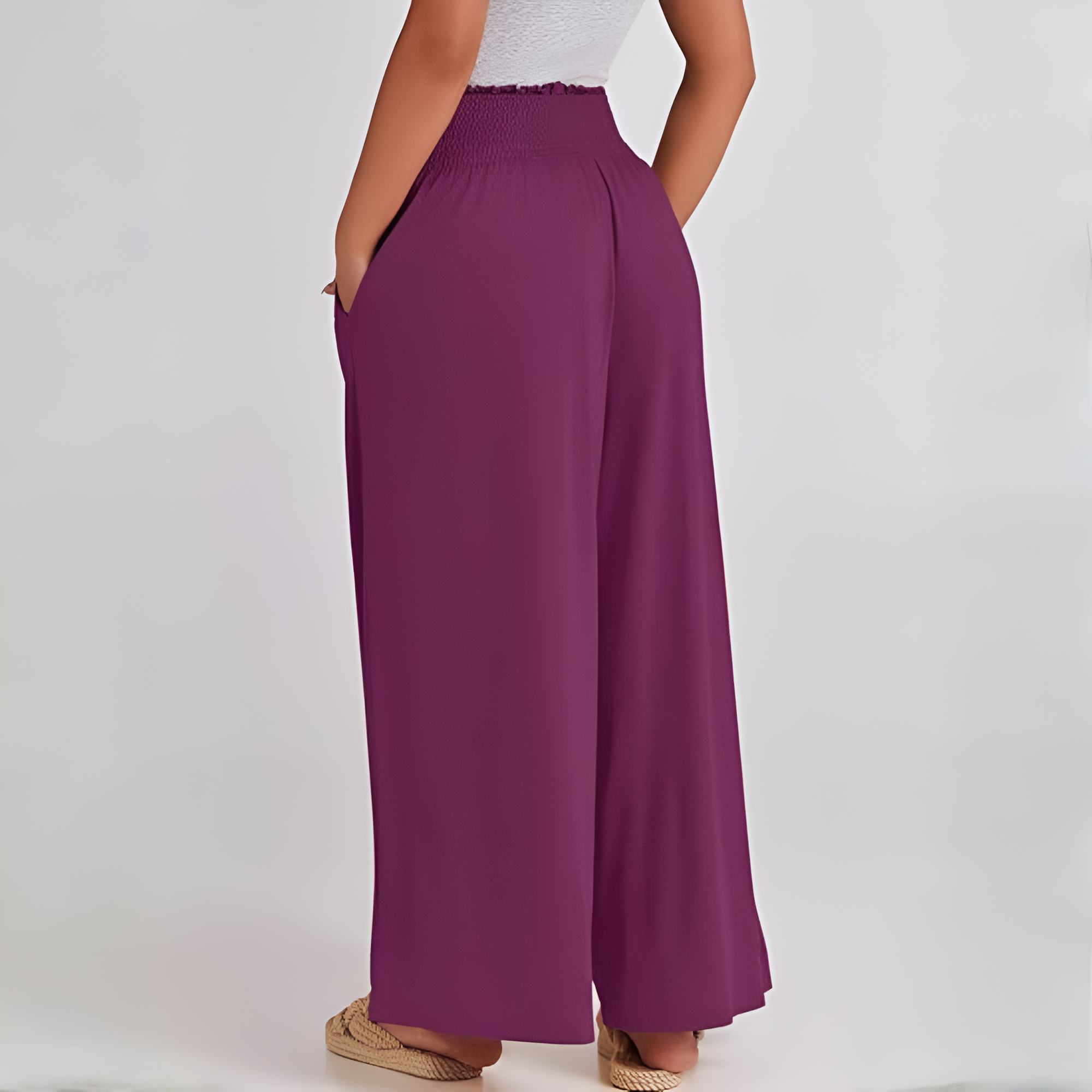 Casual Smocked Waist Wide Shank PantsSummer Boho Palazzo Pants With Baggy Fit And Loose Lounge Design For Women - Image 9