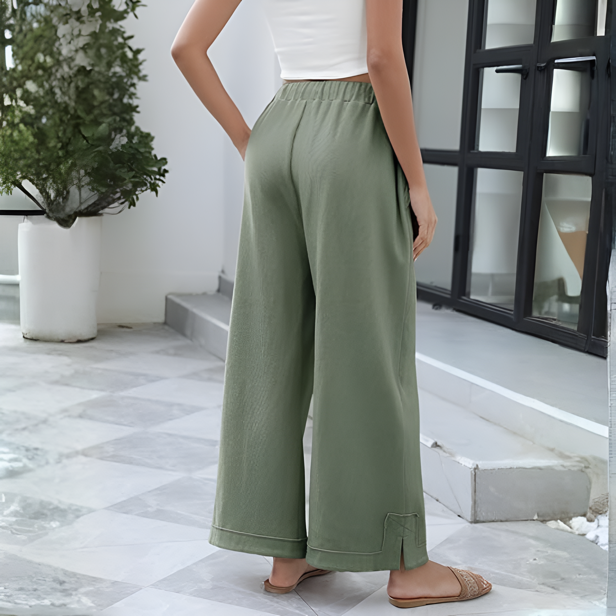 [Copy]High Waist Cropped Wide PantsLoose Fit Drawstring Wide Trousers - Image 14