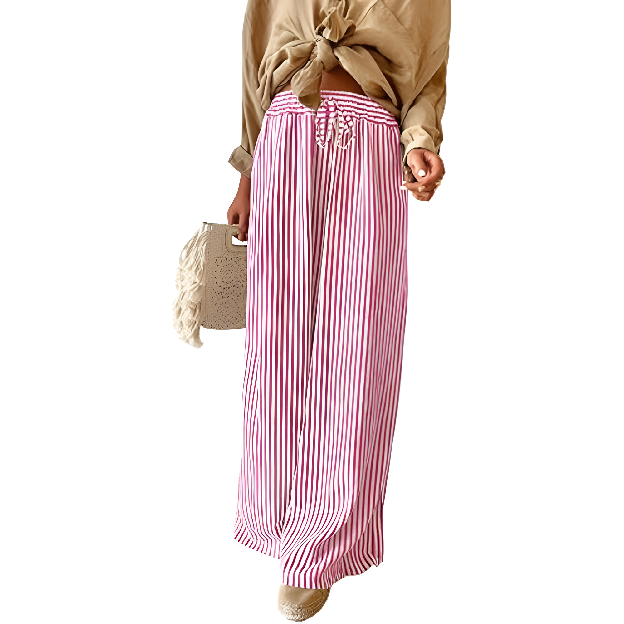 Women Casual Drawstring Elastic Waist Striped Wide Leg Pants with Pockets