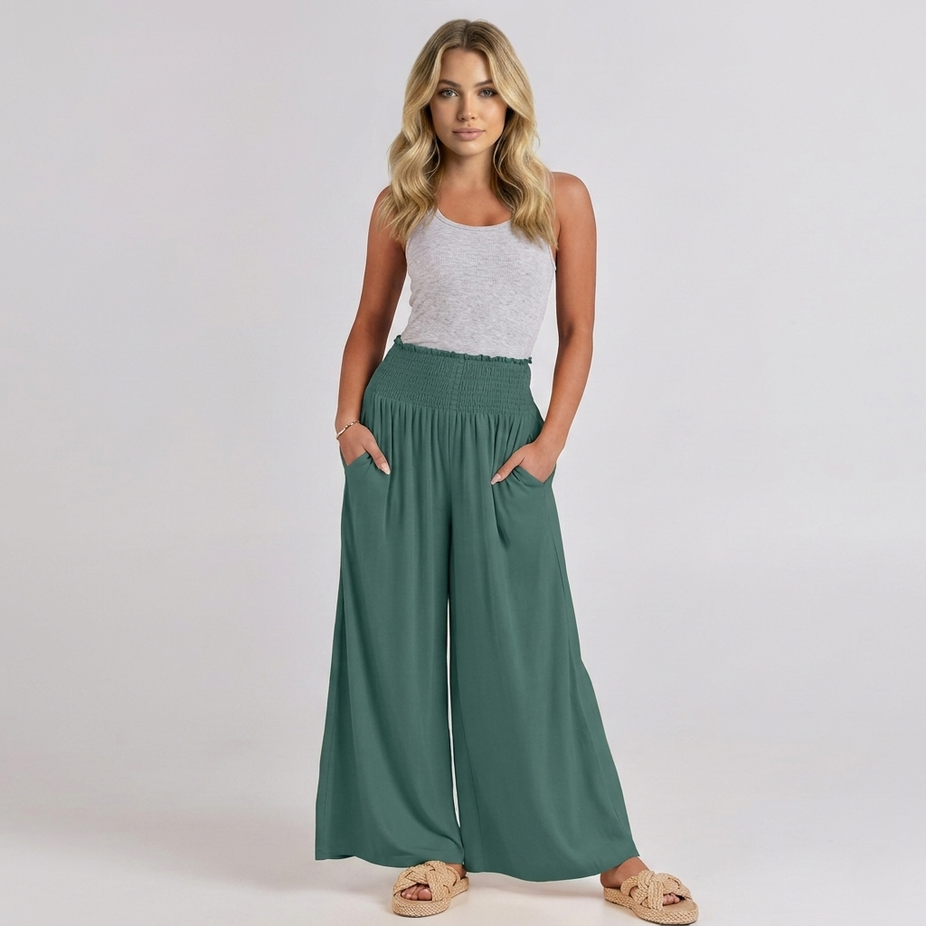 Summer Wear Boho Baggy Wide High Smocked Pants For Women