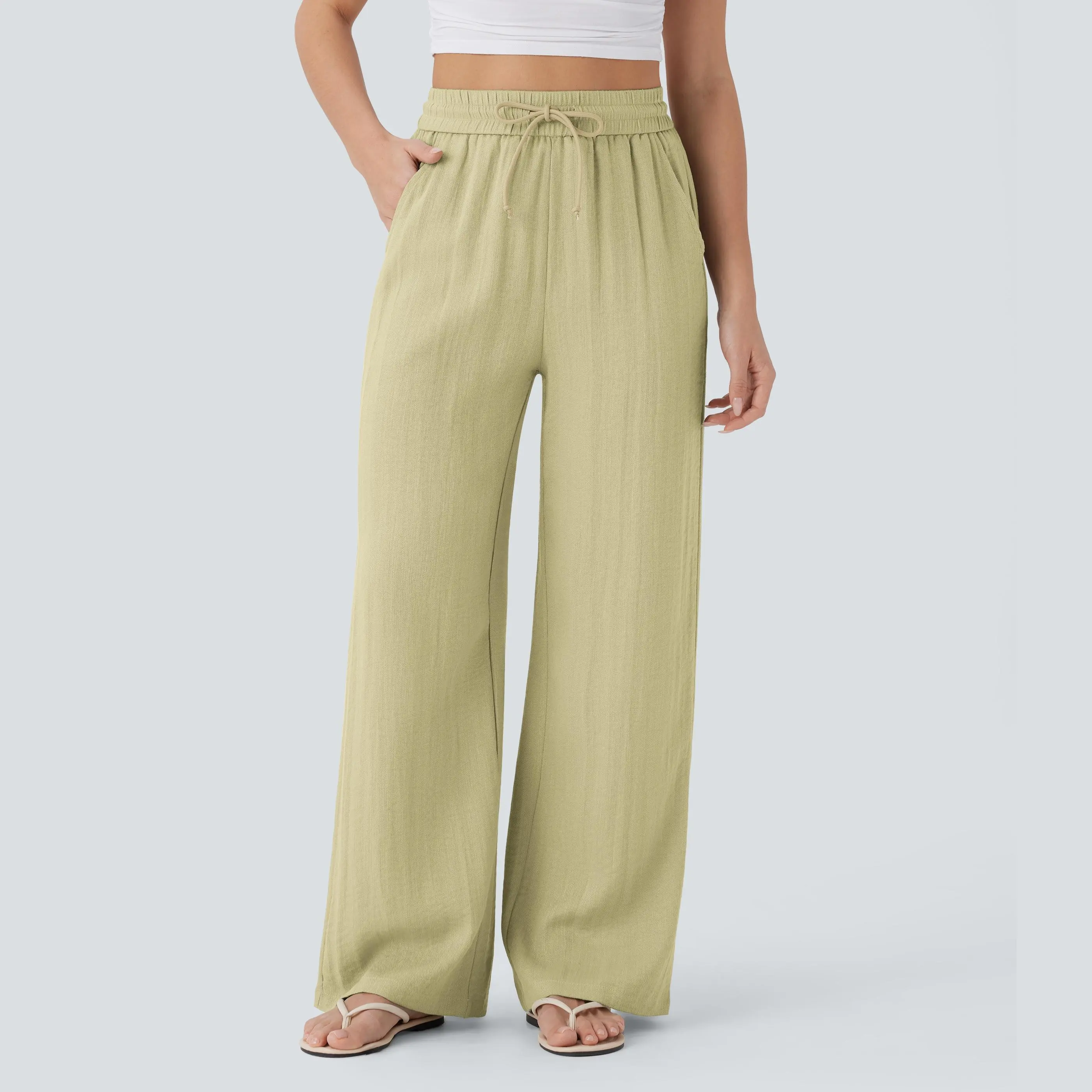 High Rise Wide Fit Drawstring Casual Pants With Pockets For Women