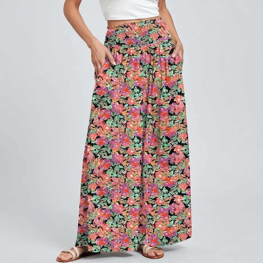 Printed Summer Wear Boho Bagyy Wide High Smocked Pants
