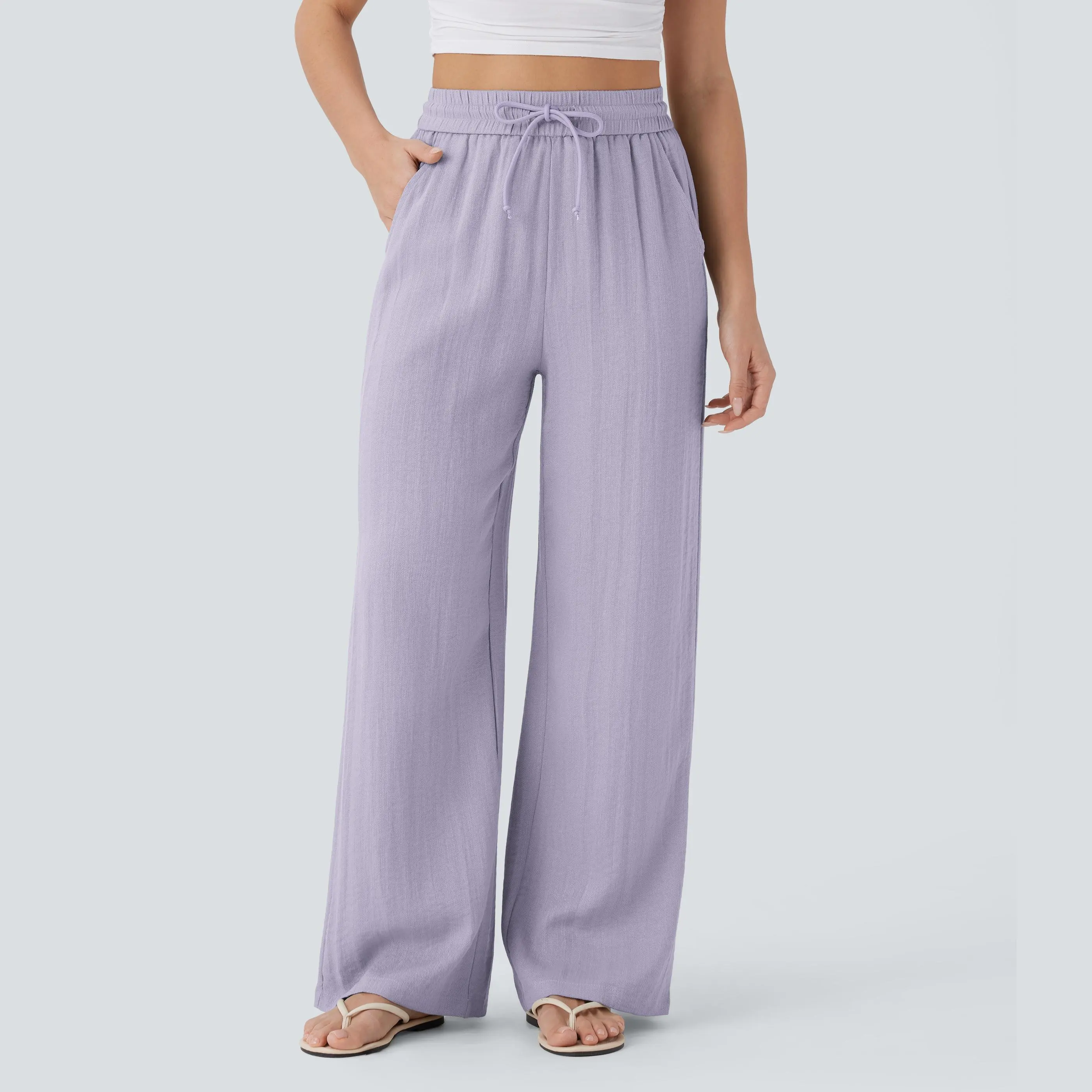 High Rise Wide Fit Drawstring Casual Pants With Pockets For Women