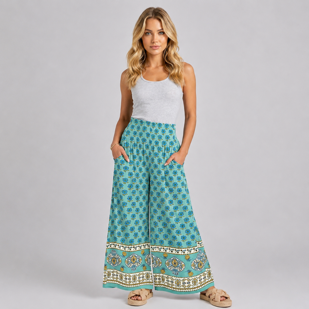 Printed Summer Wear Boho Bagyy Wide High Smocked Pants