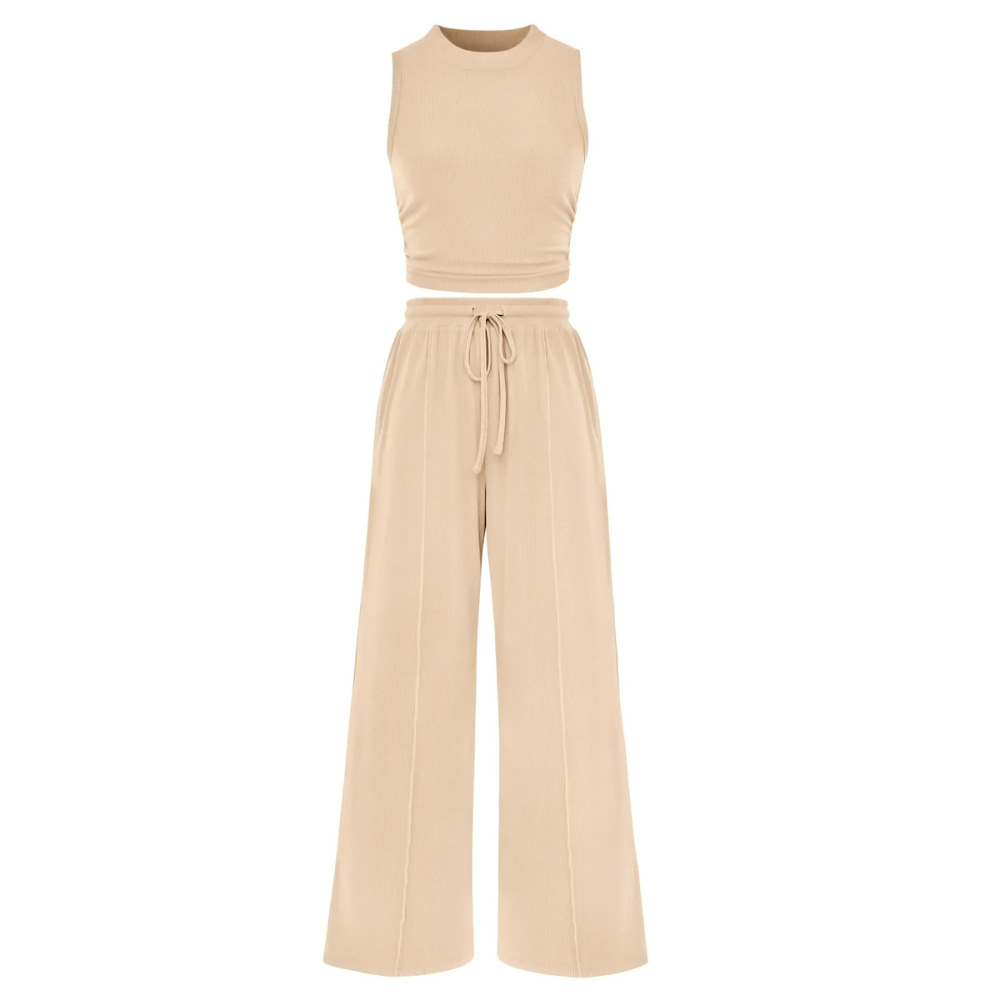 2 Piece Outfits Set With Sleeveless Crop Top And Wide Pants For Women