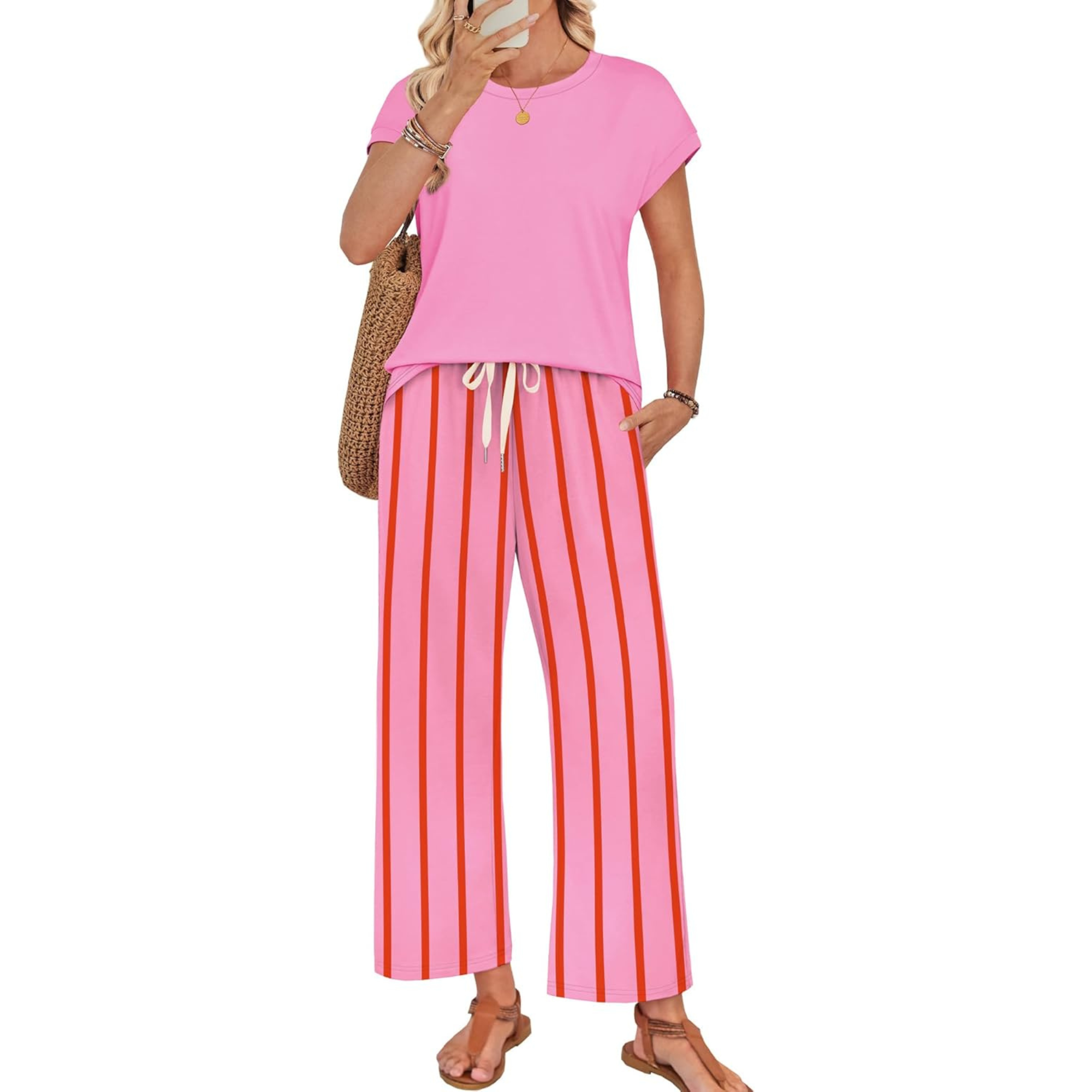 Women Two Piece Lounge Set with Wide Leg Pants