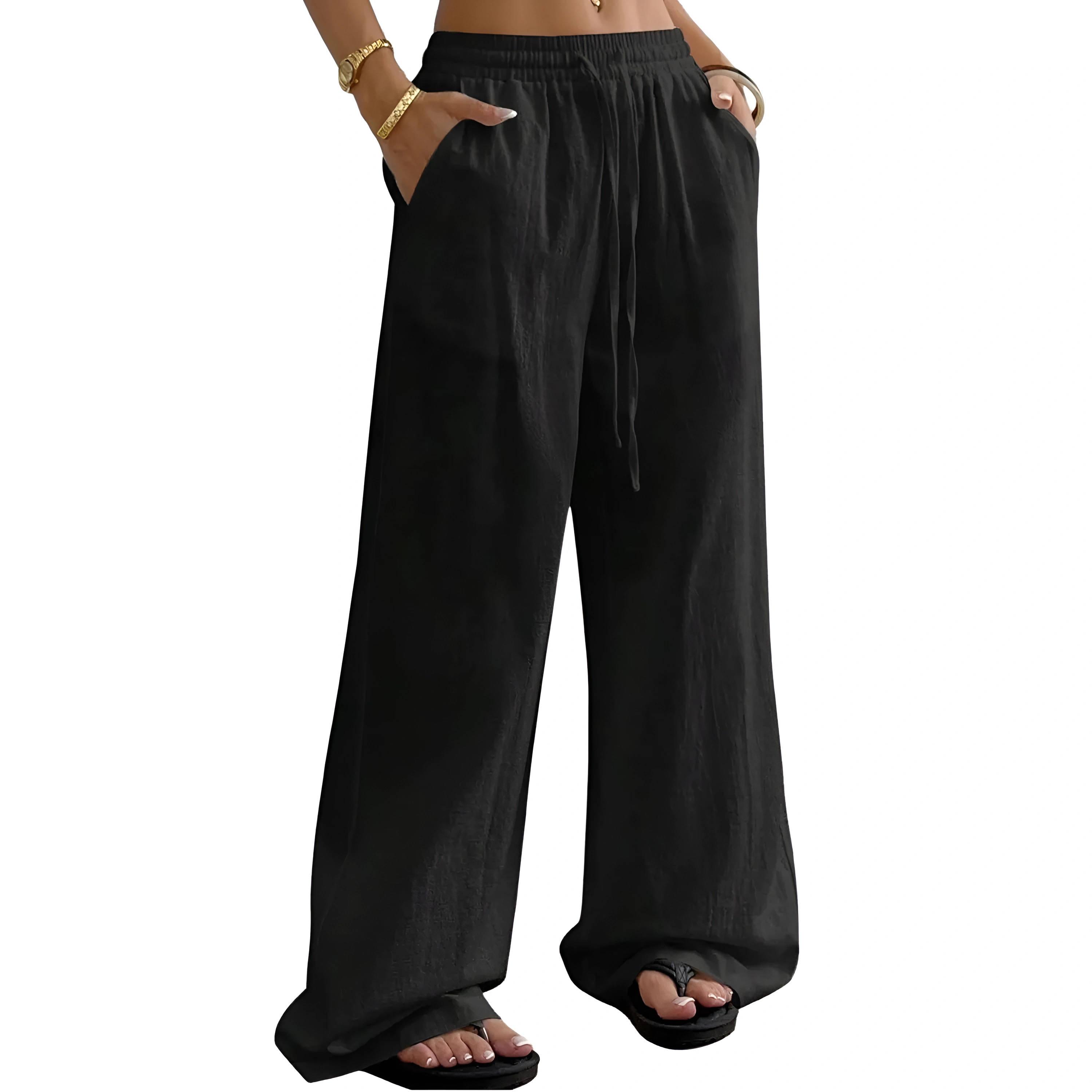 Boho Linen Wide Palazzo Drawstring Pants for Women